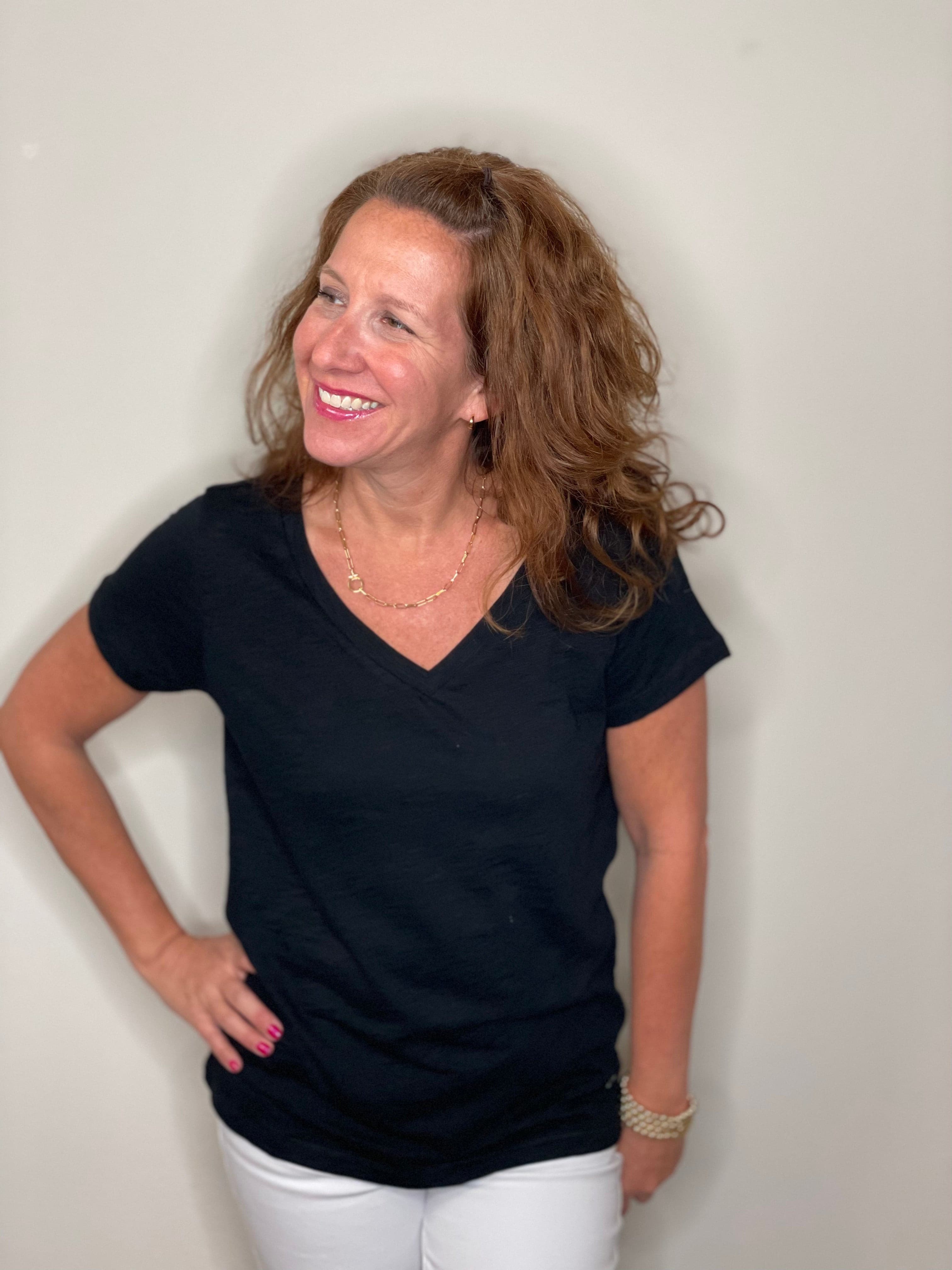 Erin Gray Low-key V Neck Tee in Black.