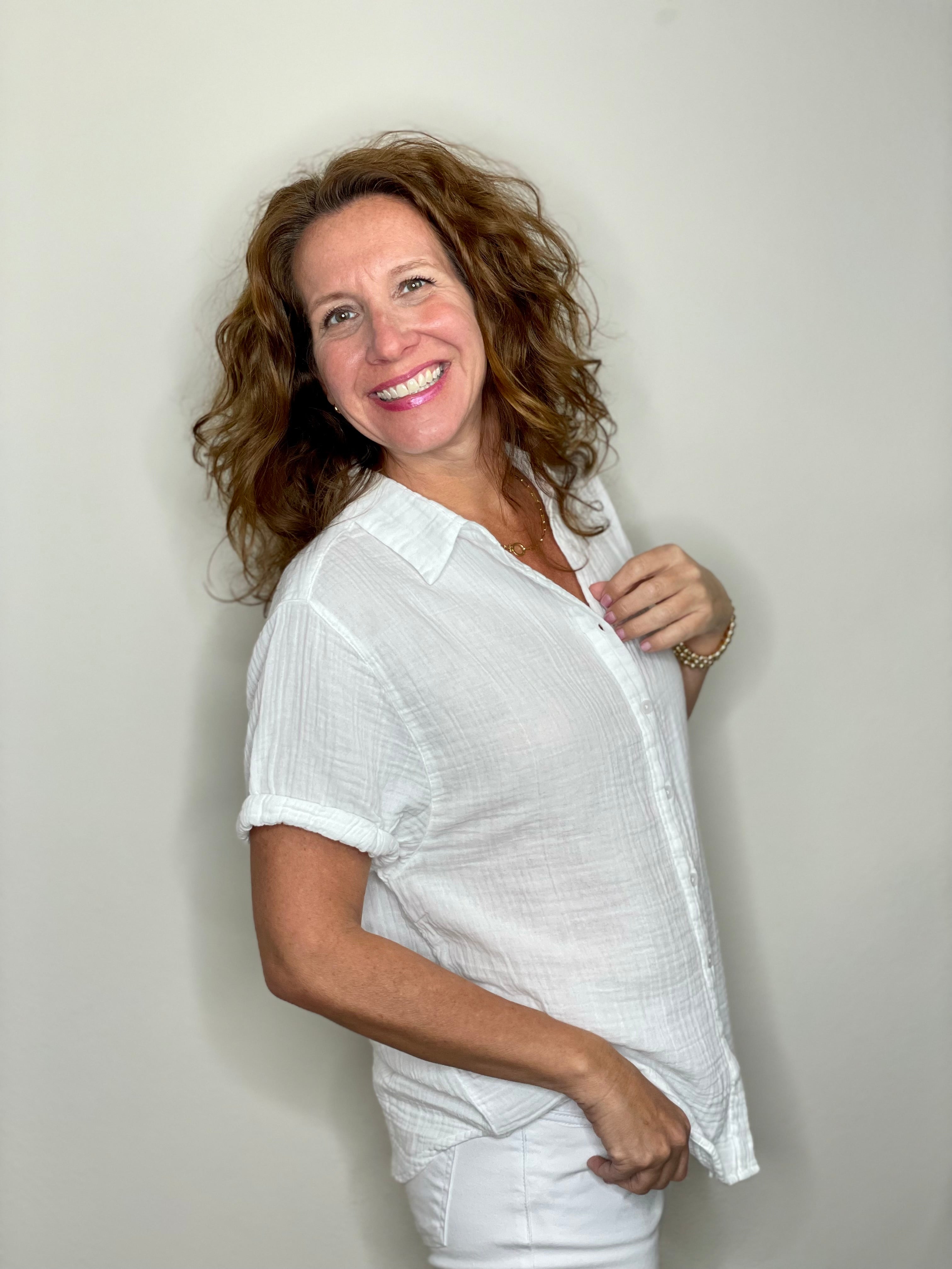 Dylan Gauze Short Sleeve Button Up in White.