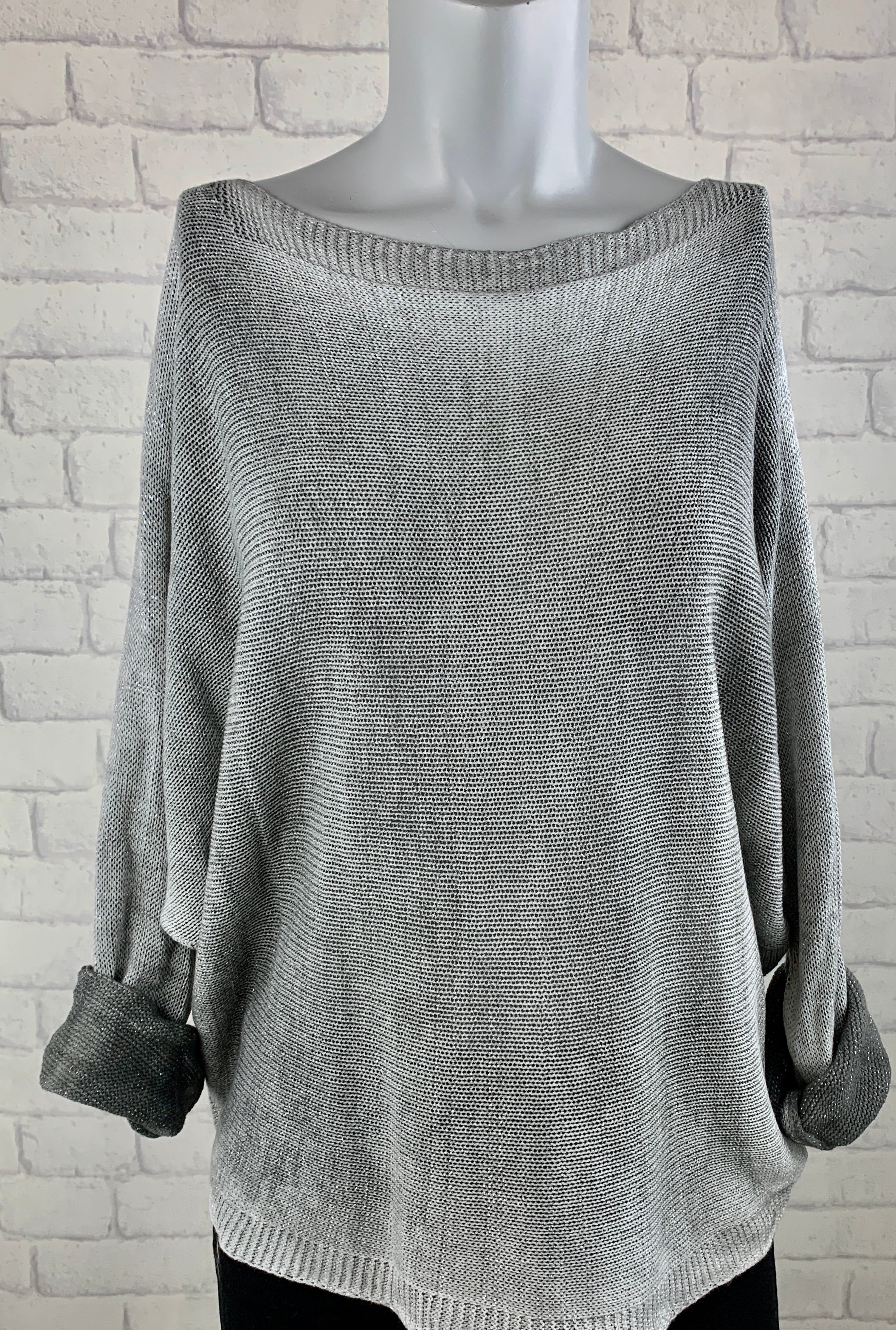 Metallic Gray Sweater w/ Zipper Back.