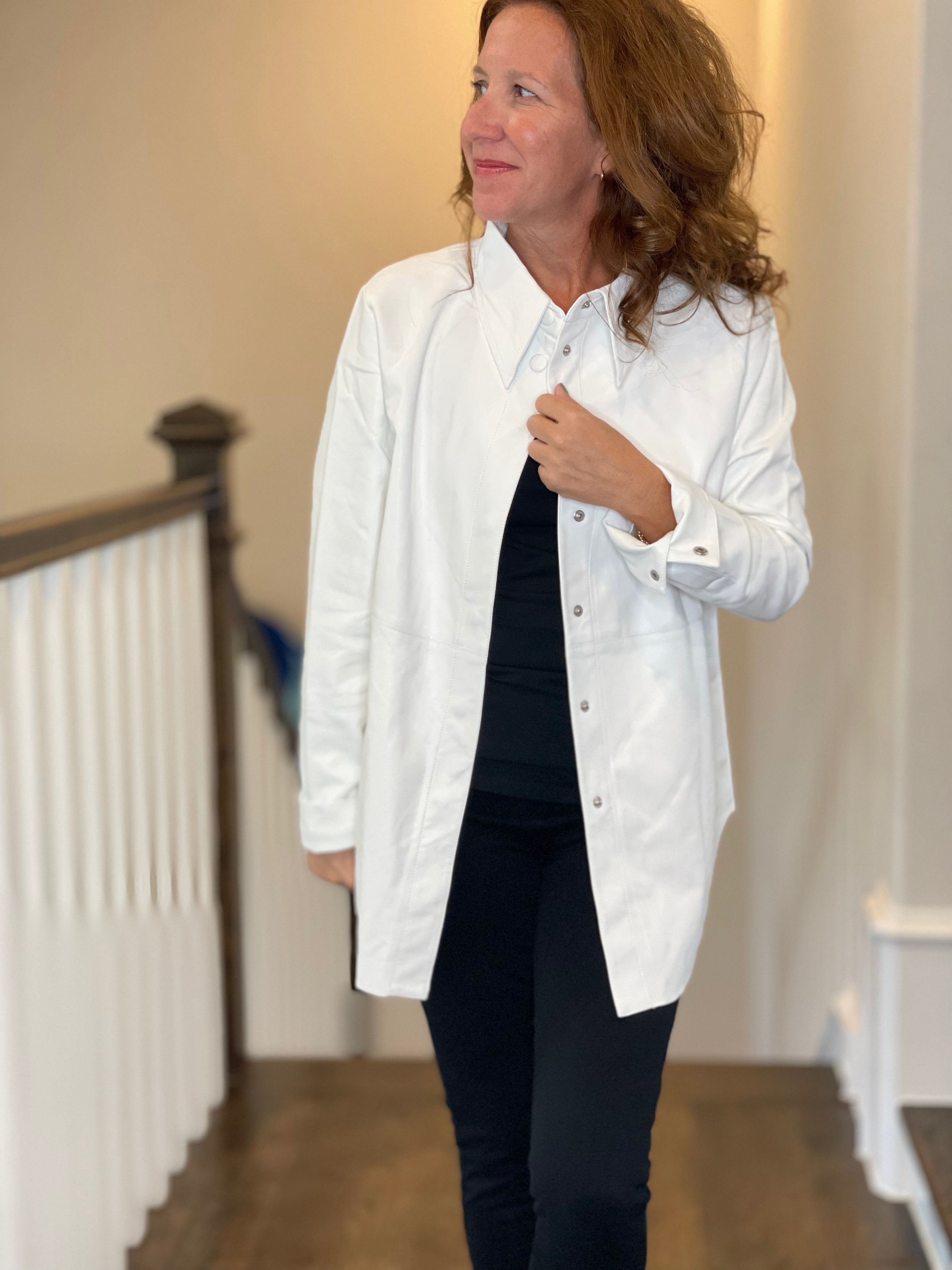 Vegan Leather Button Down Shirt in White.