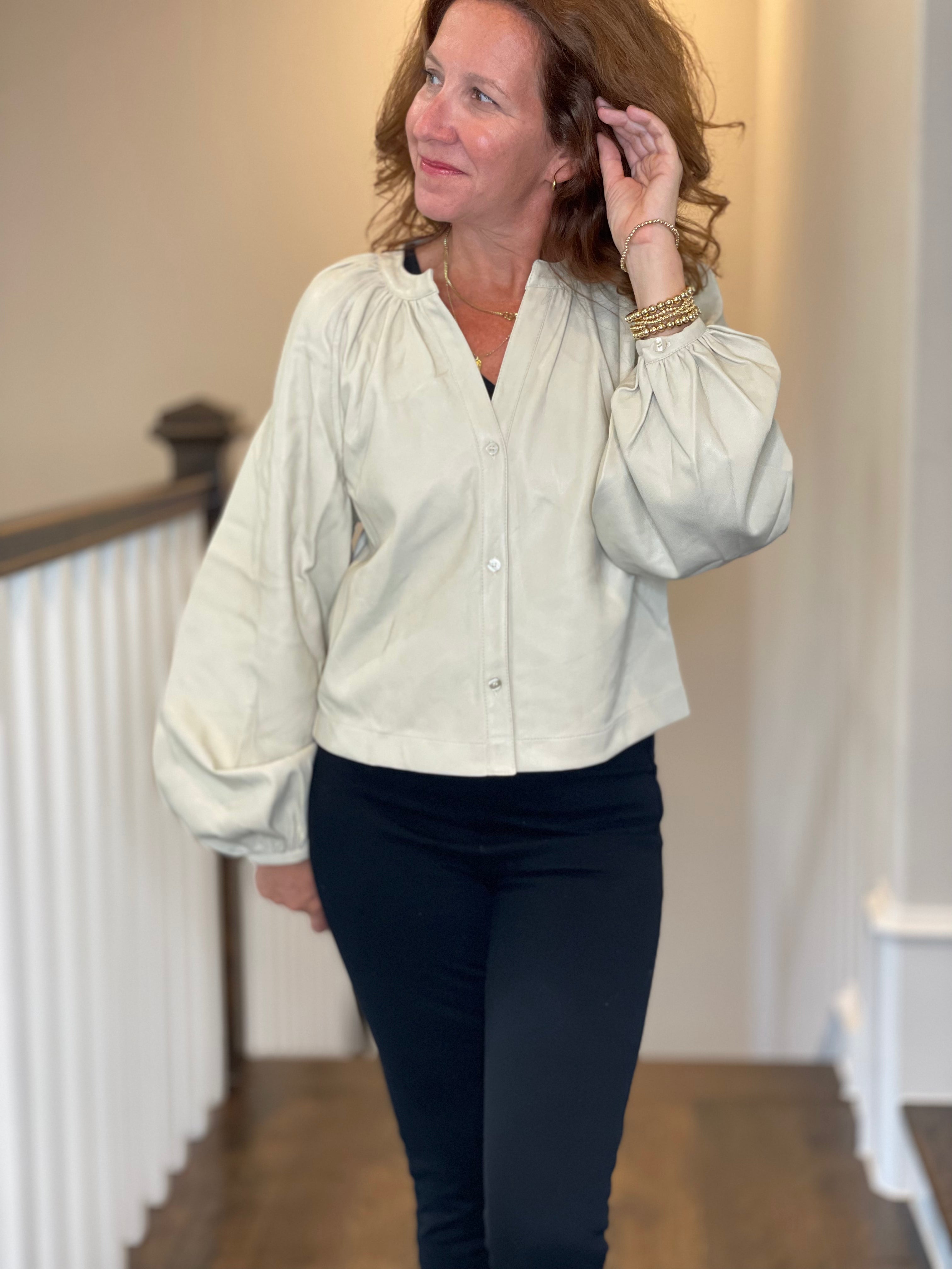 Vegan Leather Button Down Peasant Top in Bone.