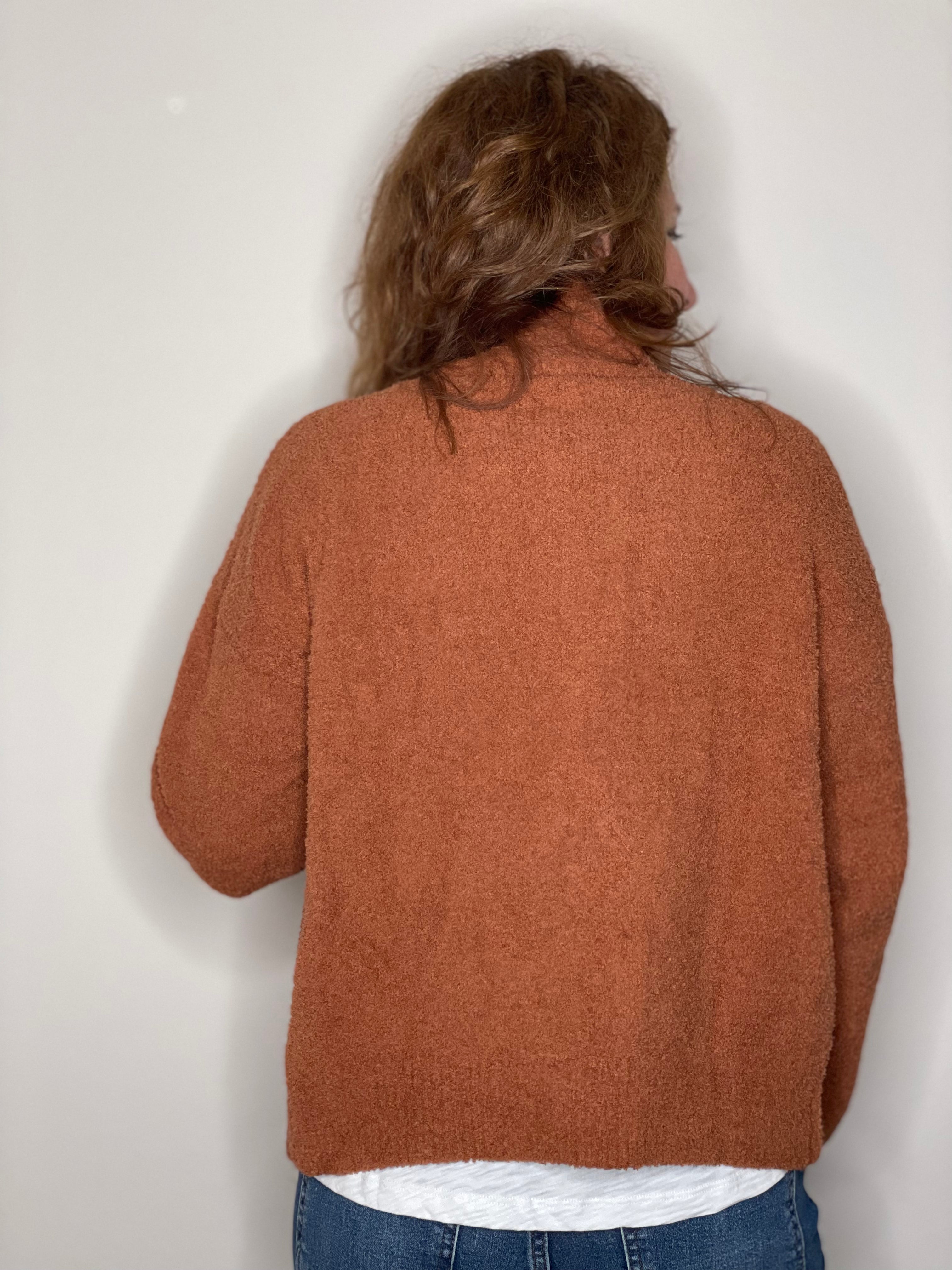 Hello Nite Plush Button Jacket in Terra Cotta.