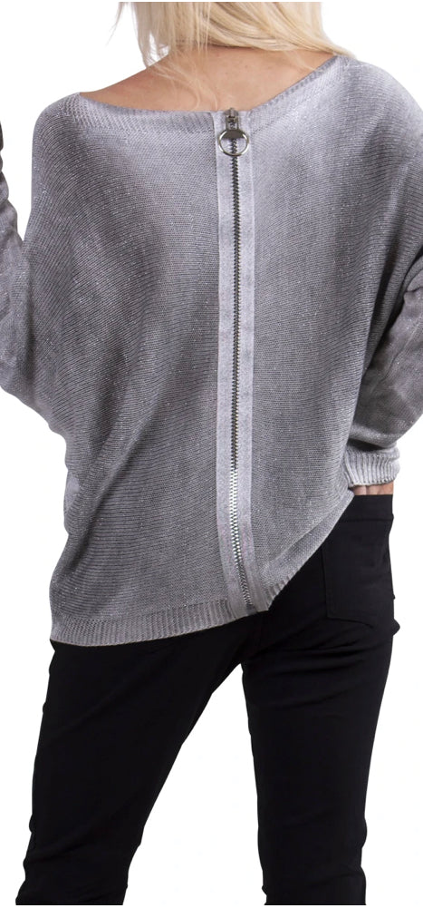 Metallic Gray Sweater w/ Zipper Back.