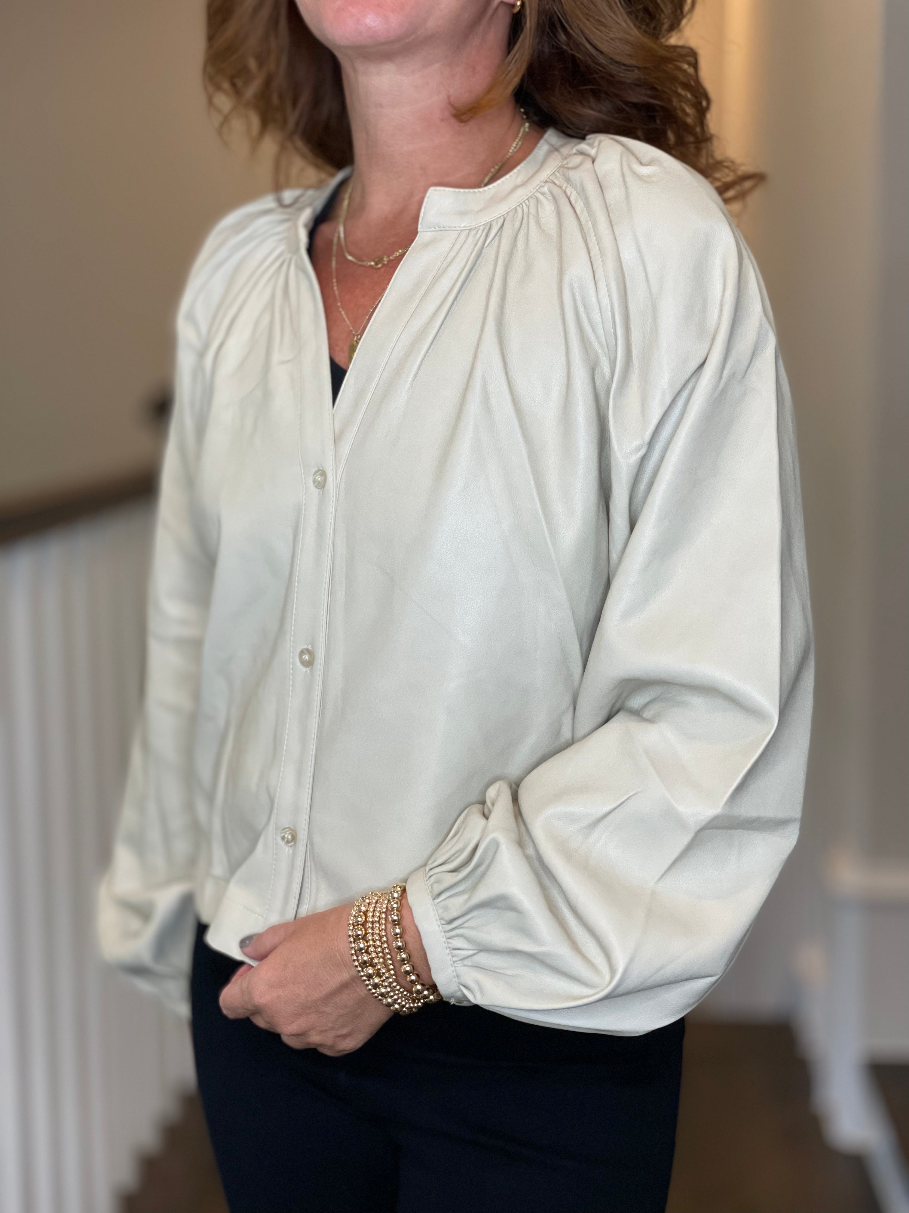 Vegan Leather Button Down Peasant Top in Bone.