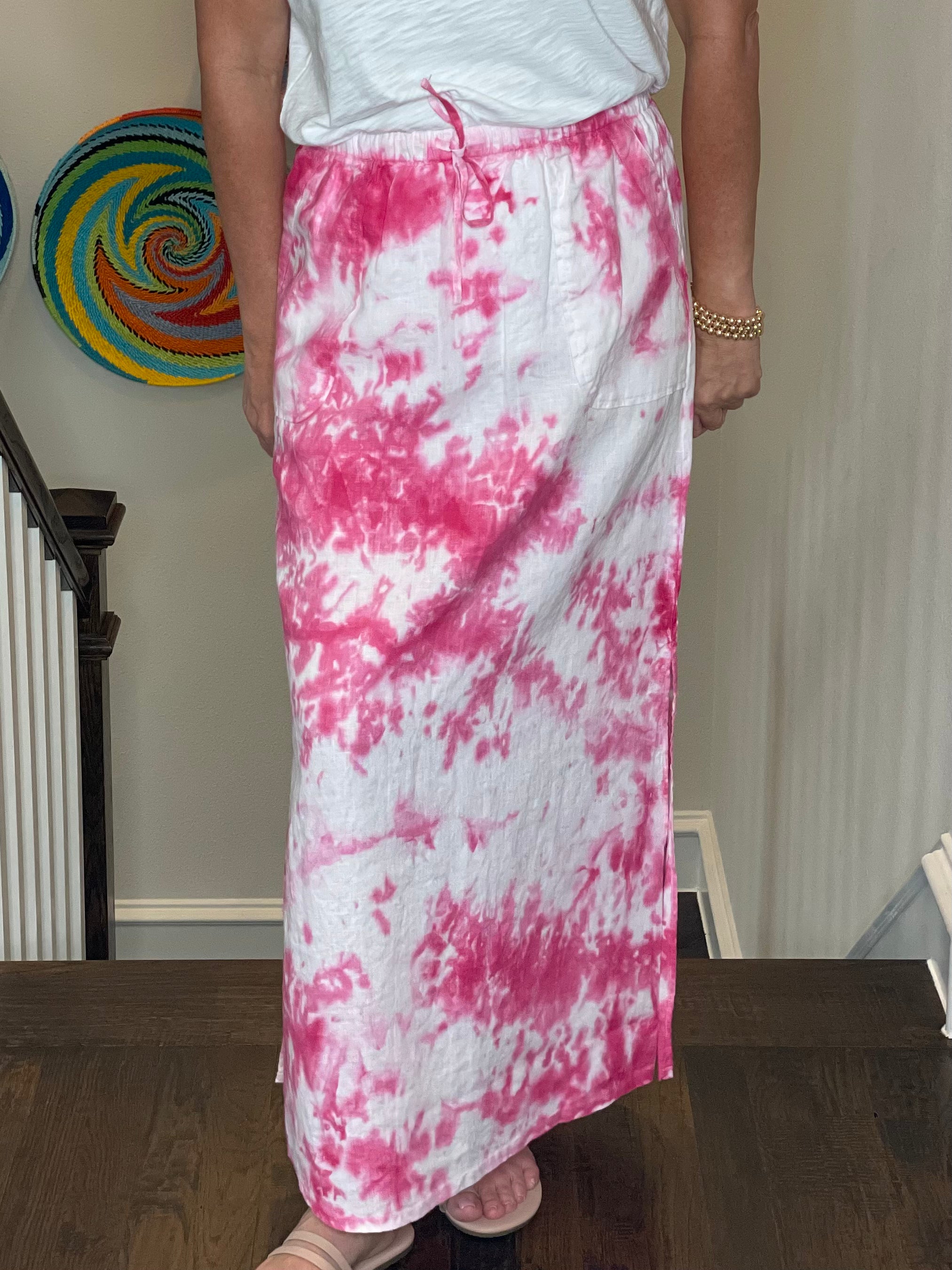 Pure Amici Long Linen Skirt in Petal Tie Dye.