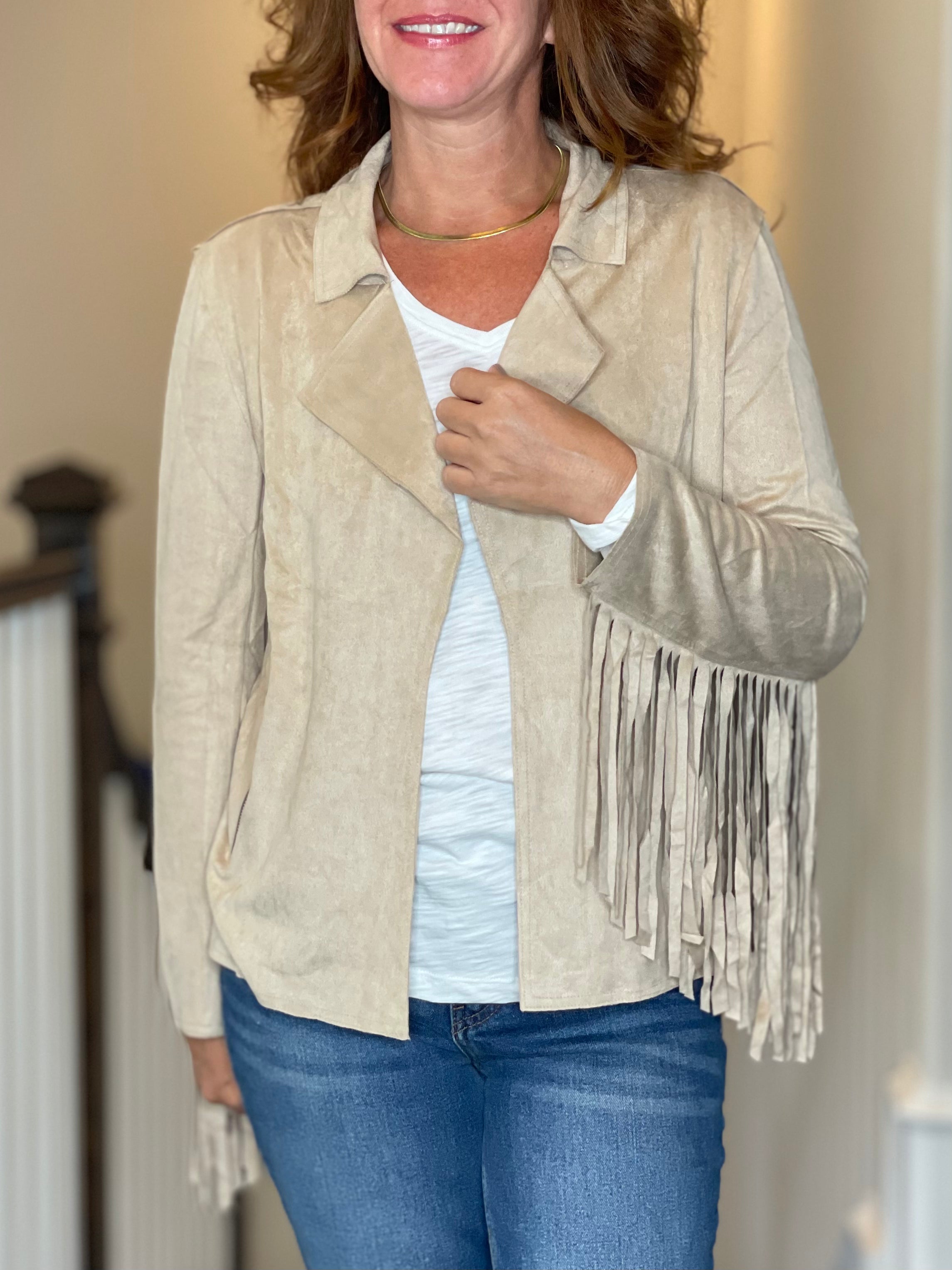 Fringe Jacket in Tan.