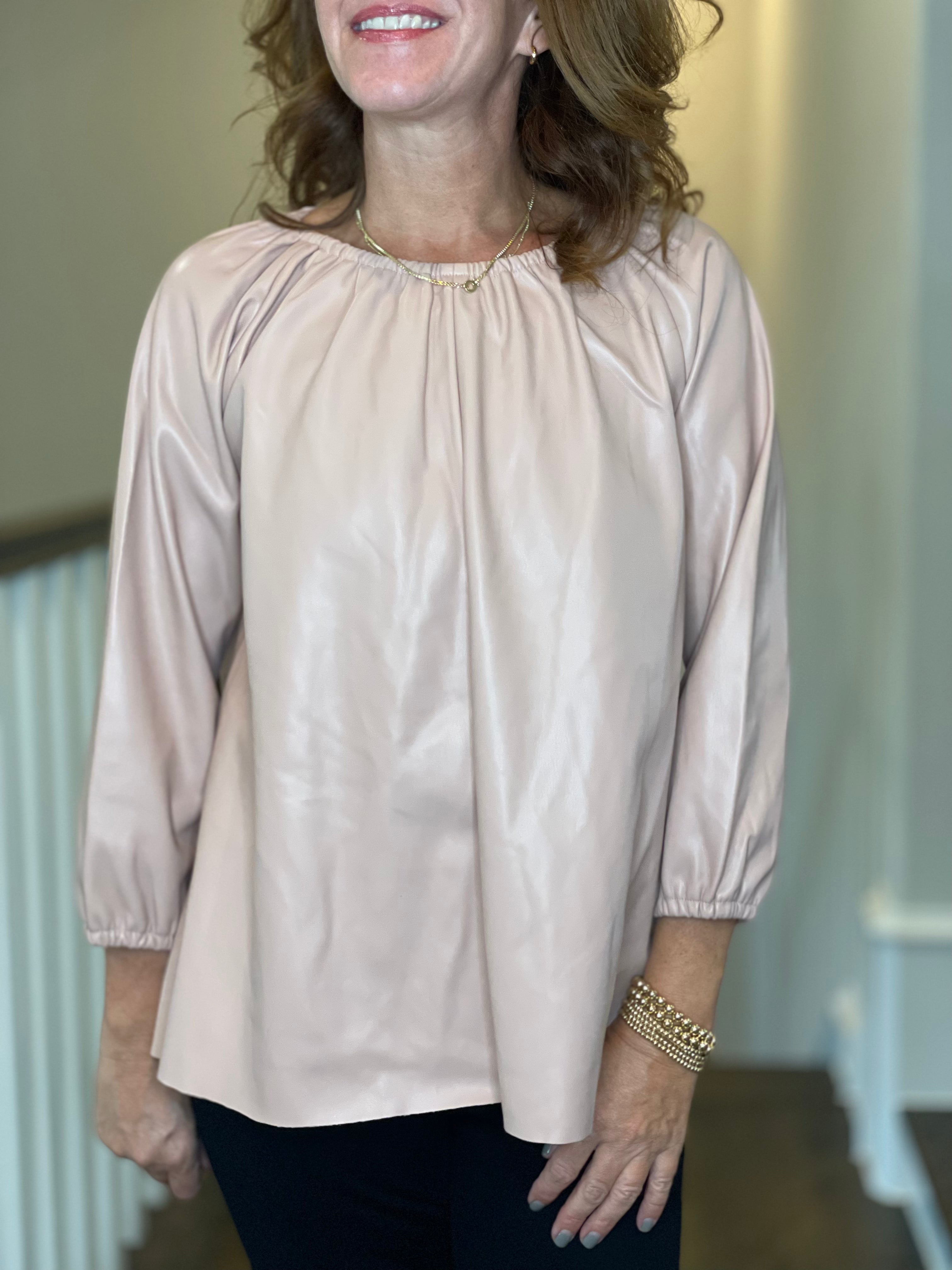 Vegan Leather Peasant Top in Blush.