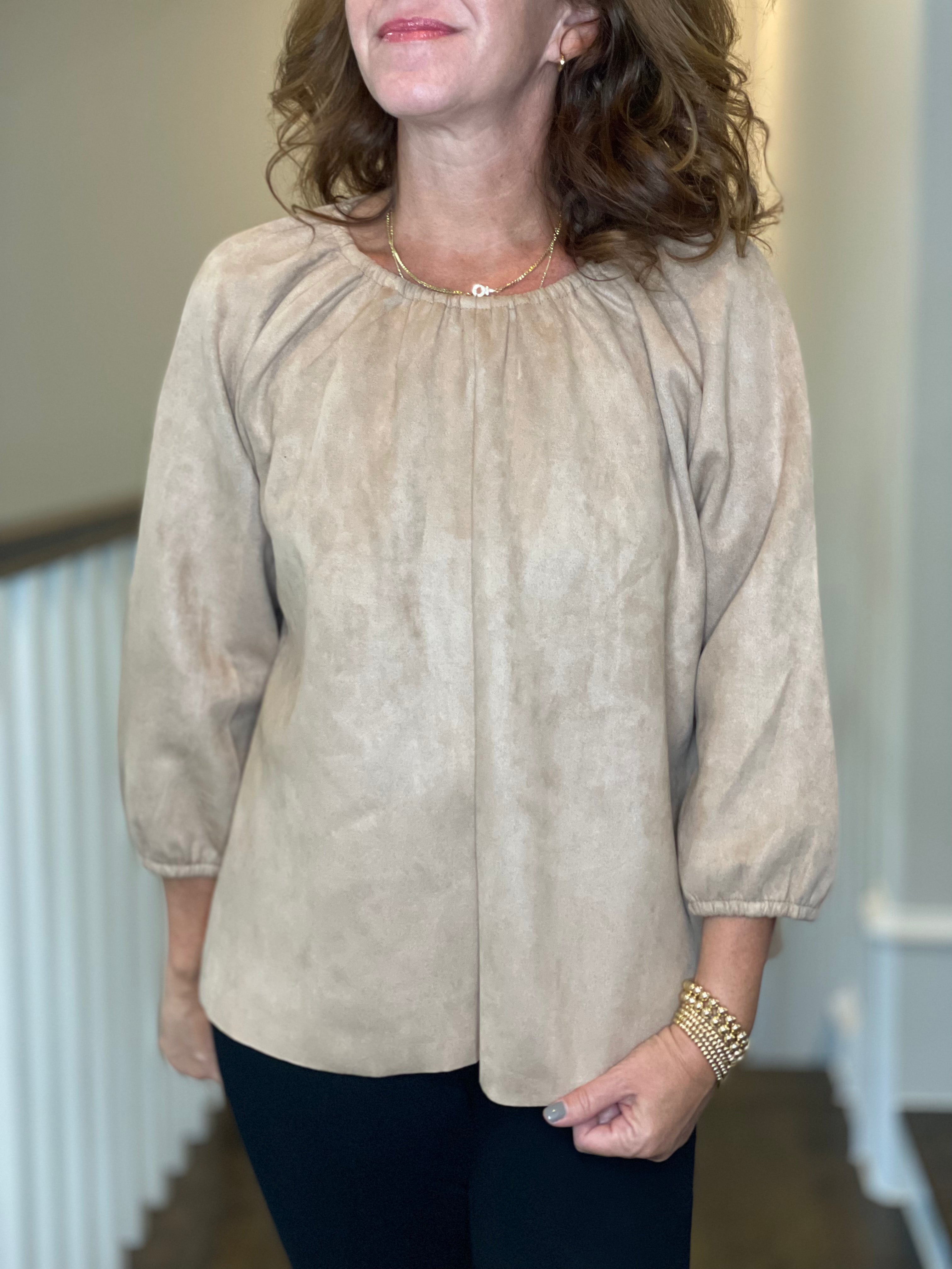 Faux Suede Peasant Top in Camel.