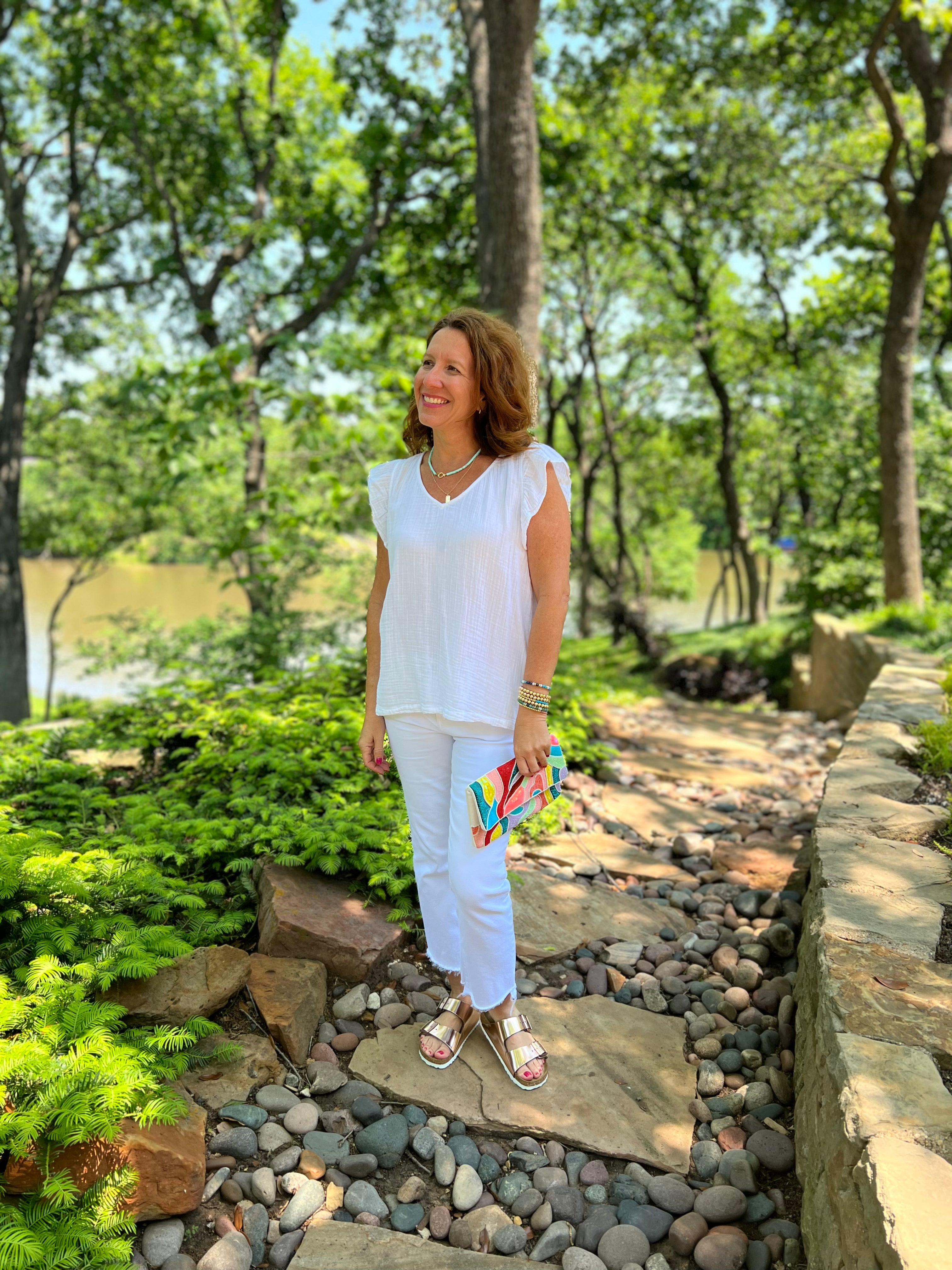 Dylan Gauze Ruffle V-Neck in White.