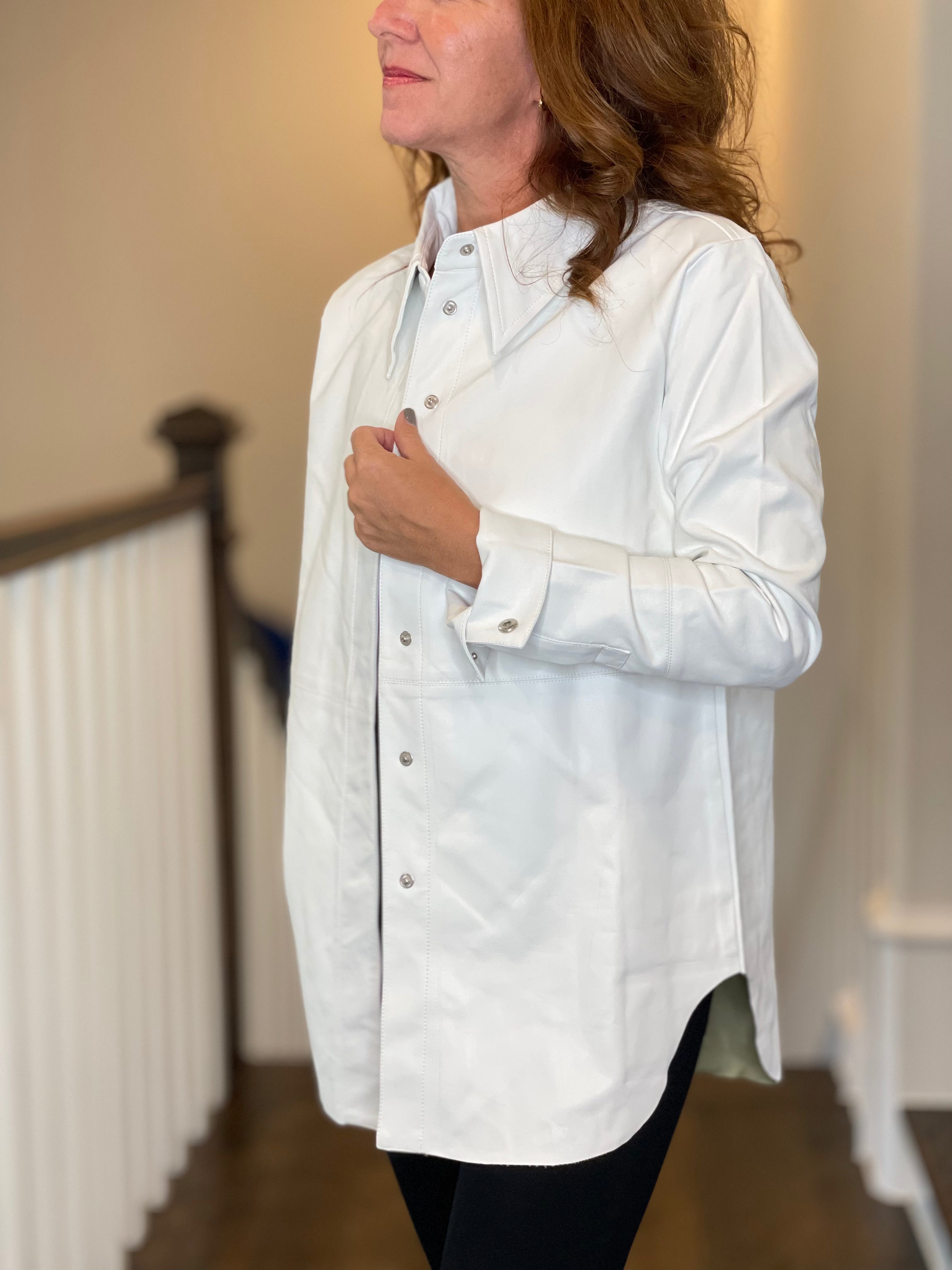 Vegan Leather Button Down Shirt in White.