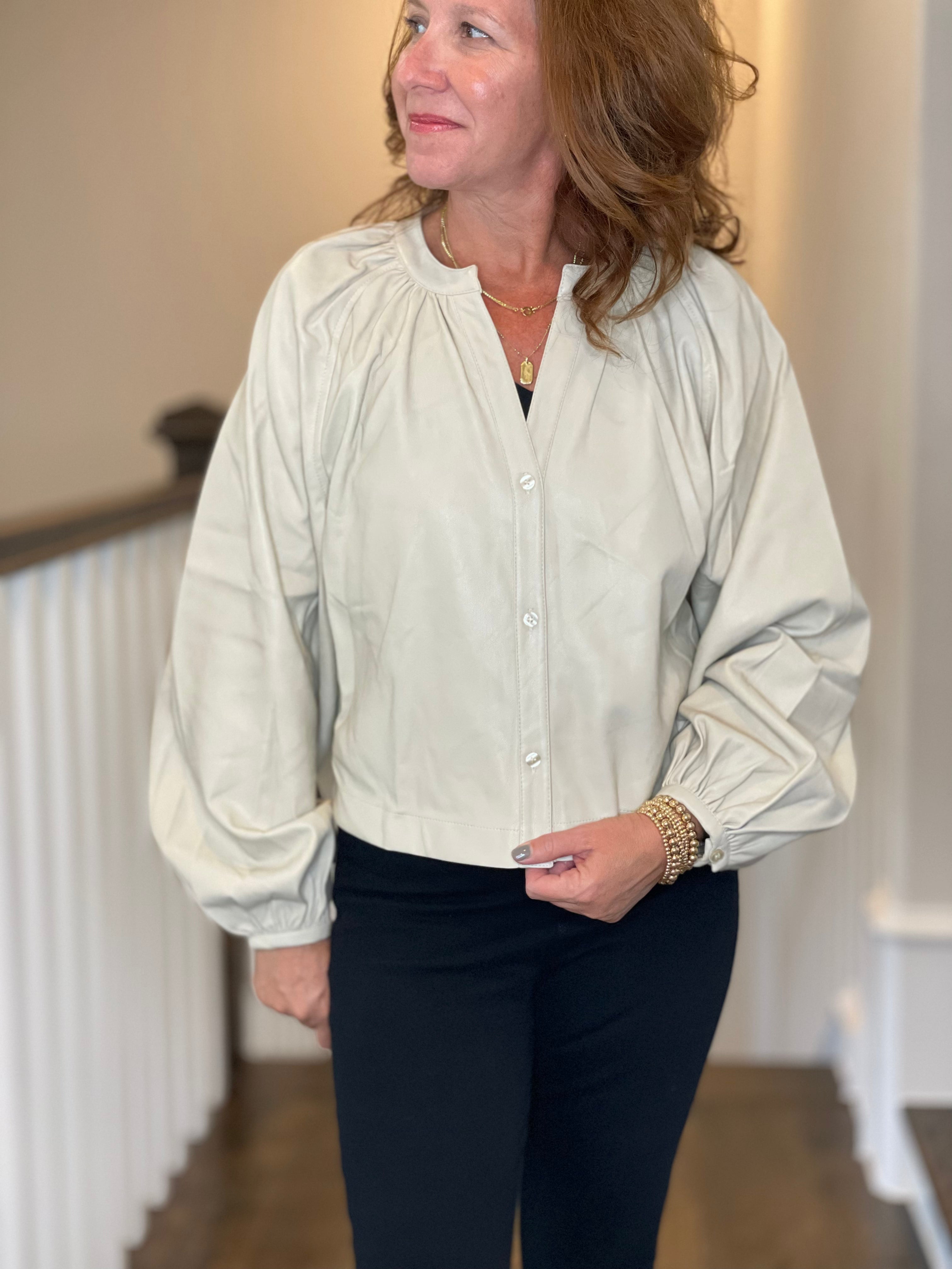 Vegan Leather Button Down Peasant Top in Bone.