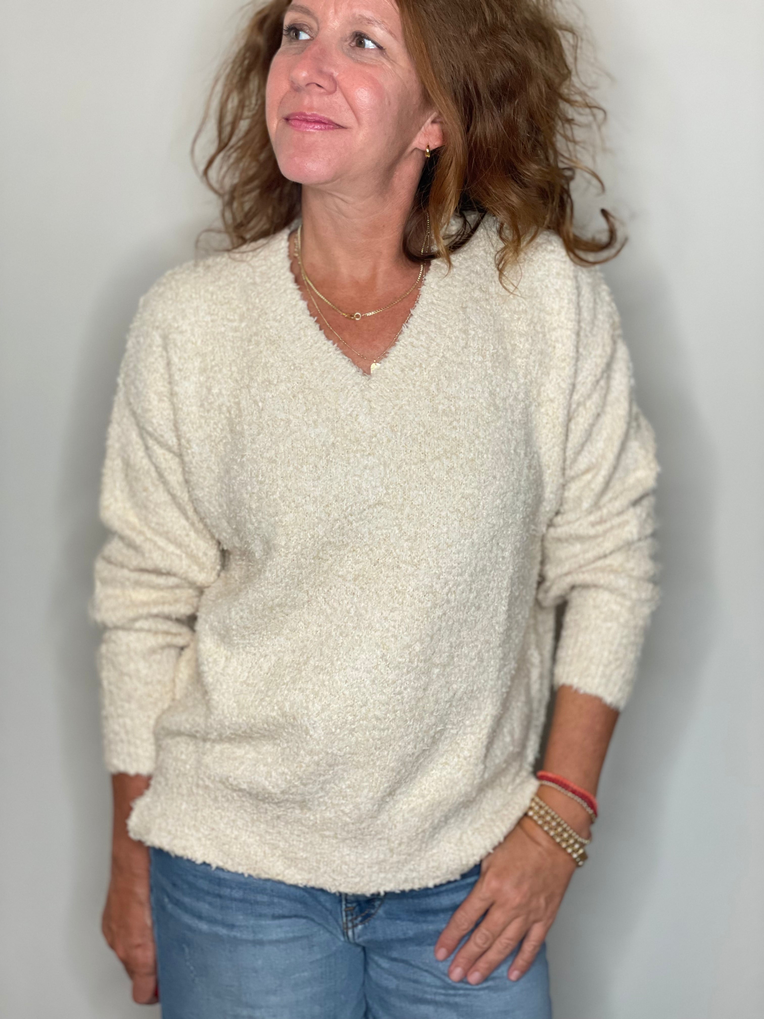 Hello Nite Plush V Neck Pullover in Angel Hair.