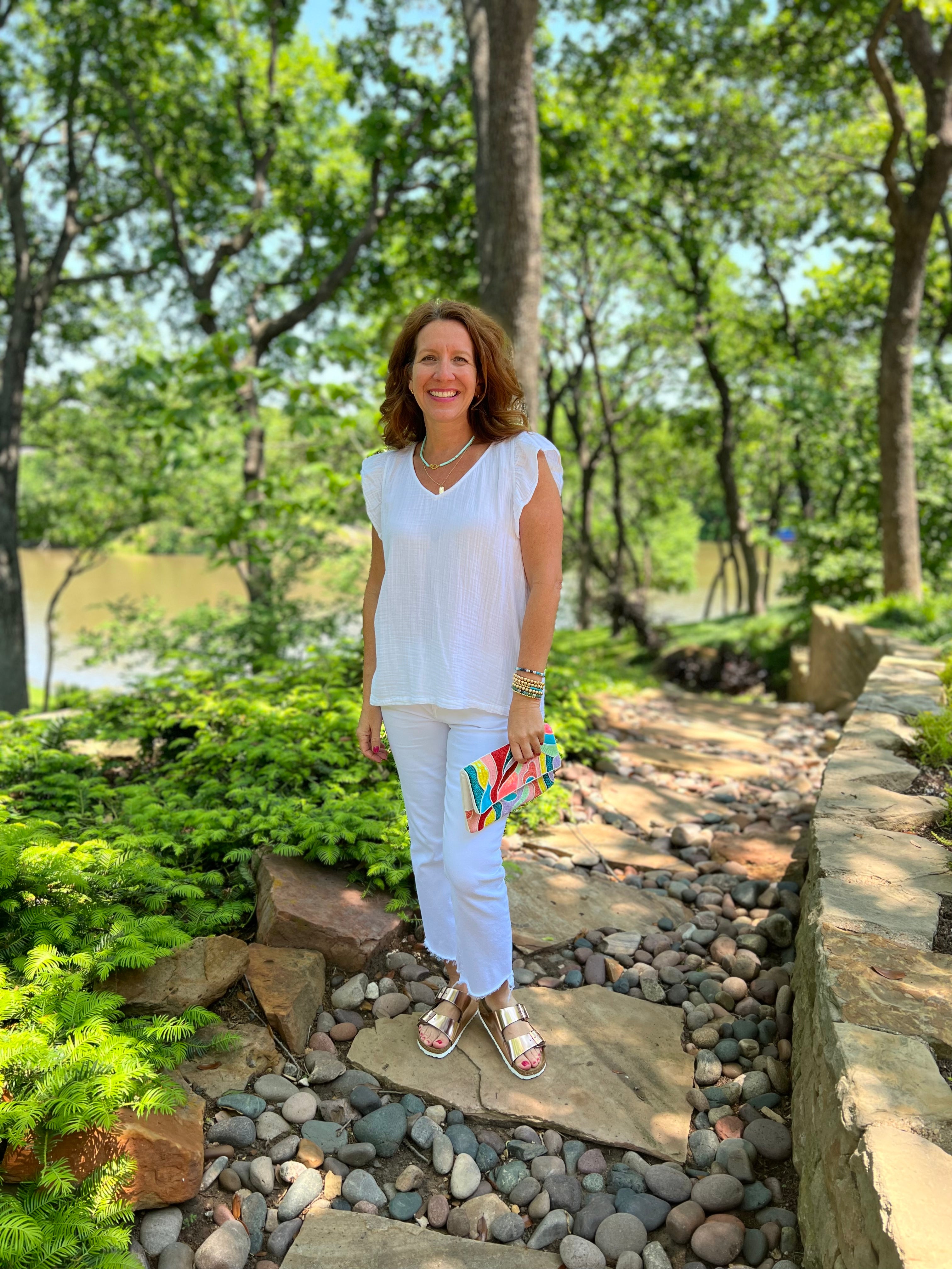 Dylan Gauze Ruffle V-Neck in White.