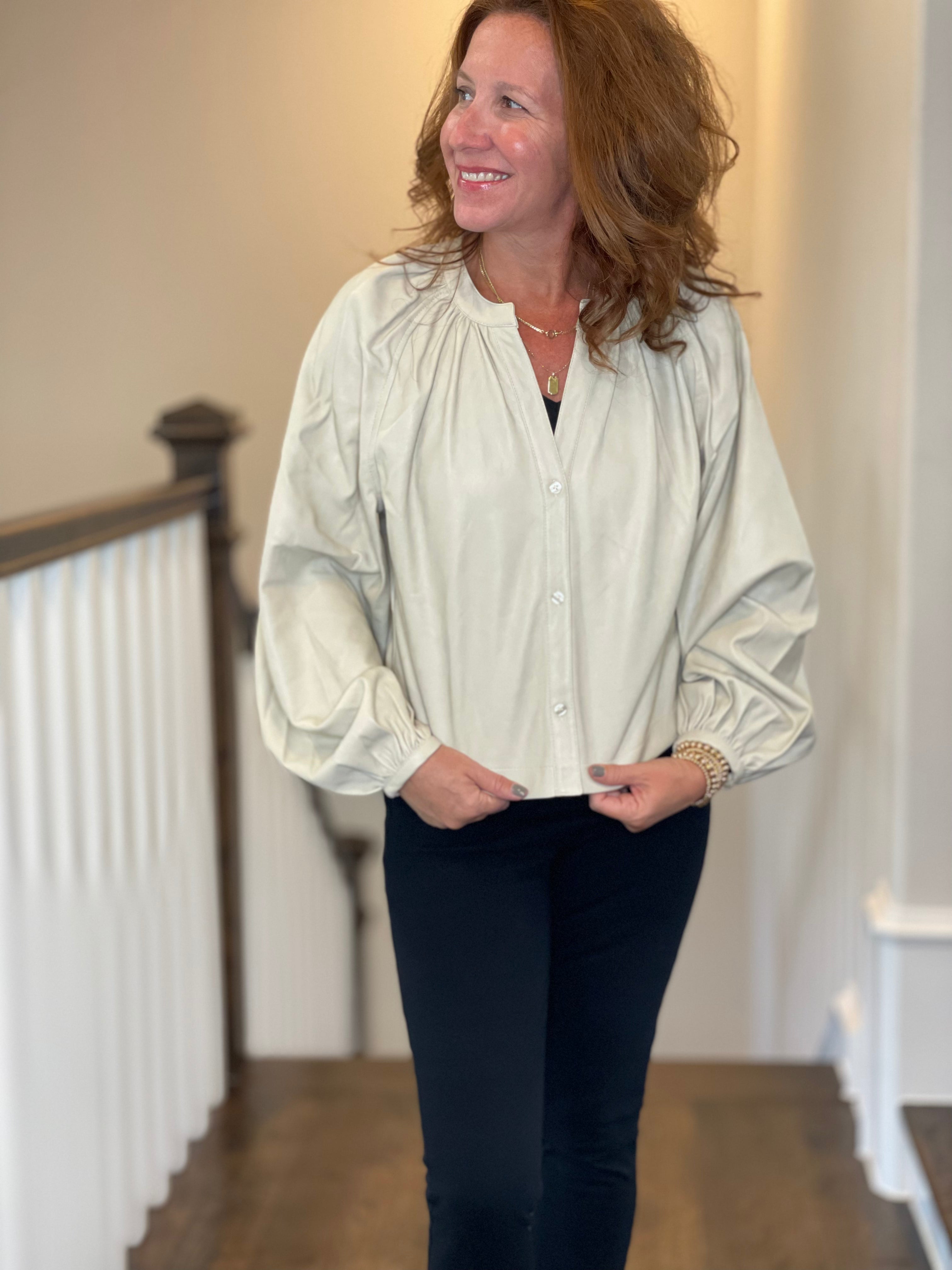 Vegan Leather Button Down Peasant Top in Bone.