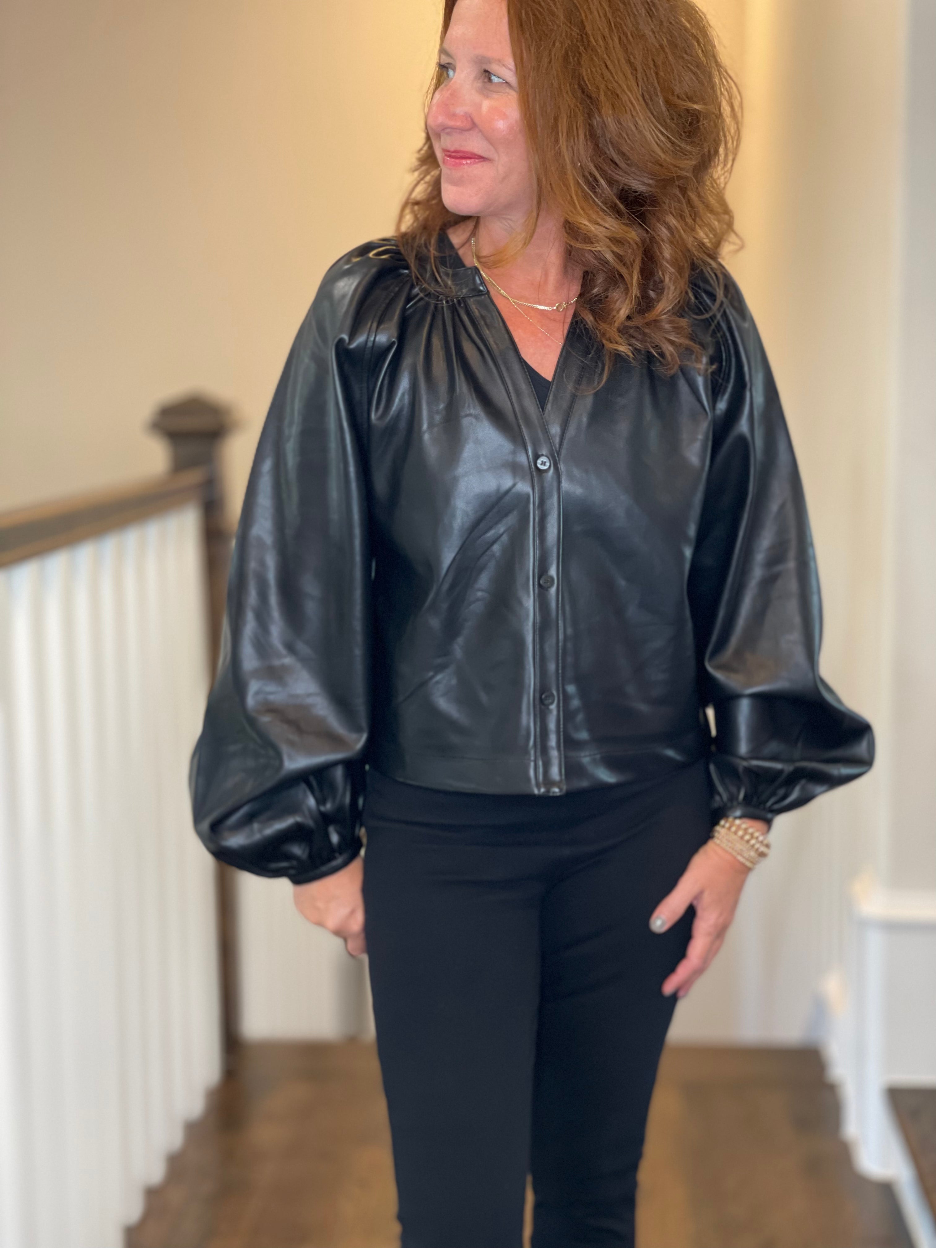 Vegan Leather Button Down Peasant Top in Black.