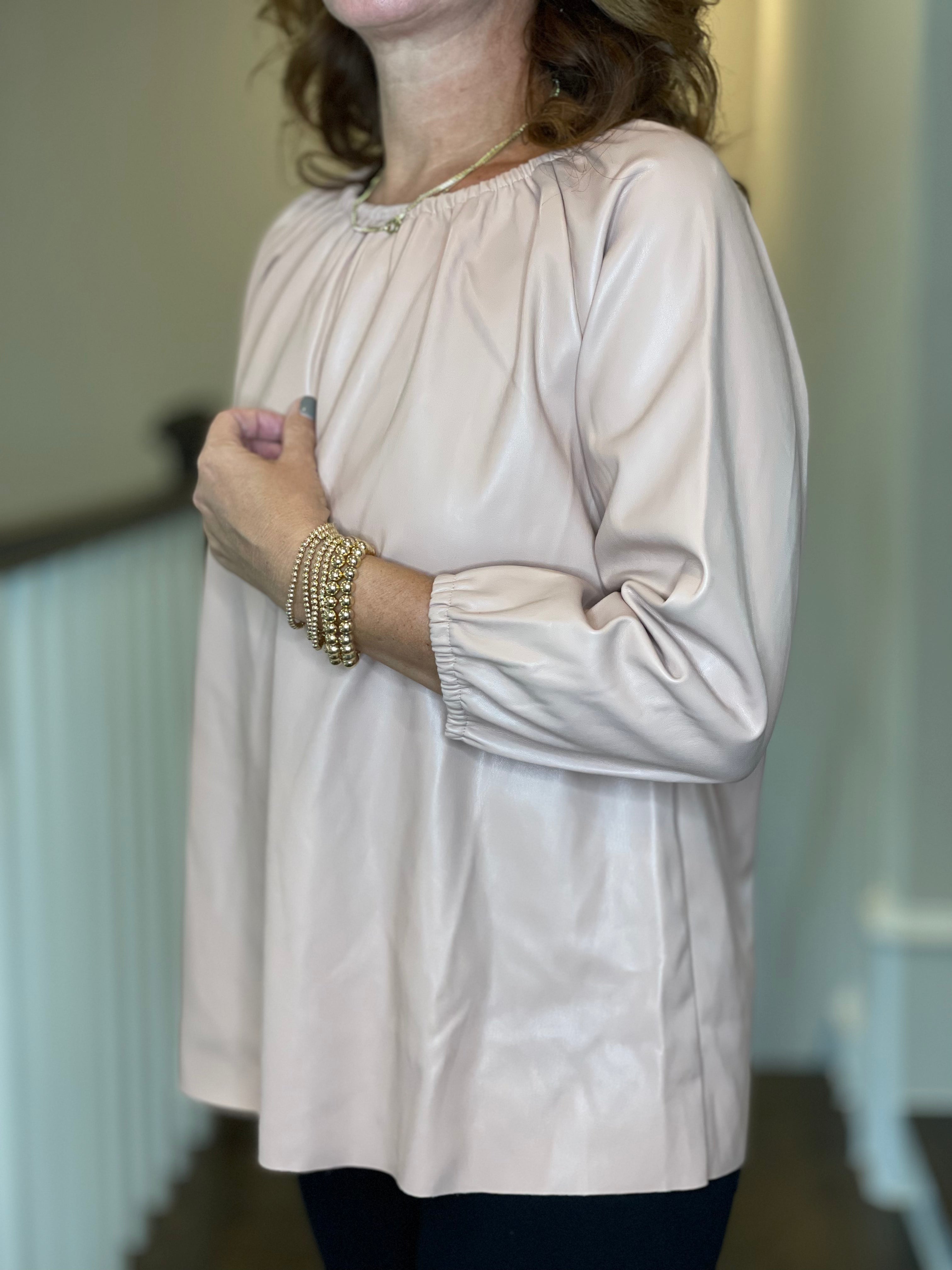 Vegan Leather Peasant Top in Blush.