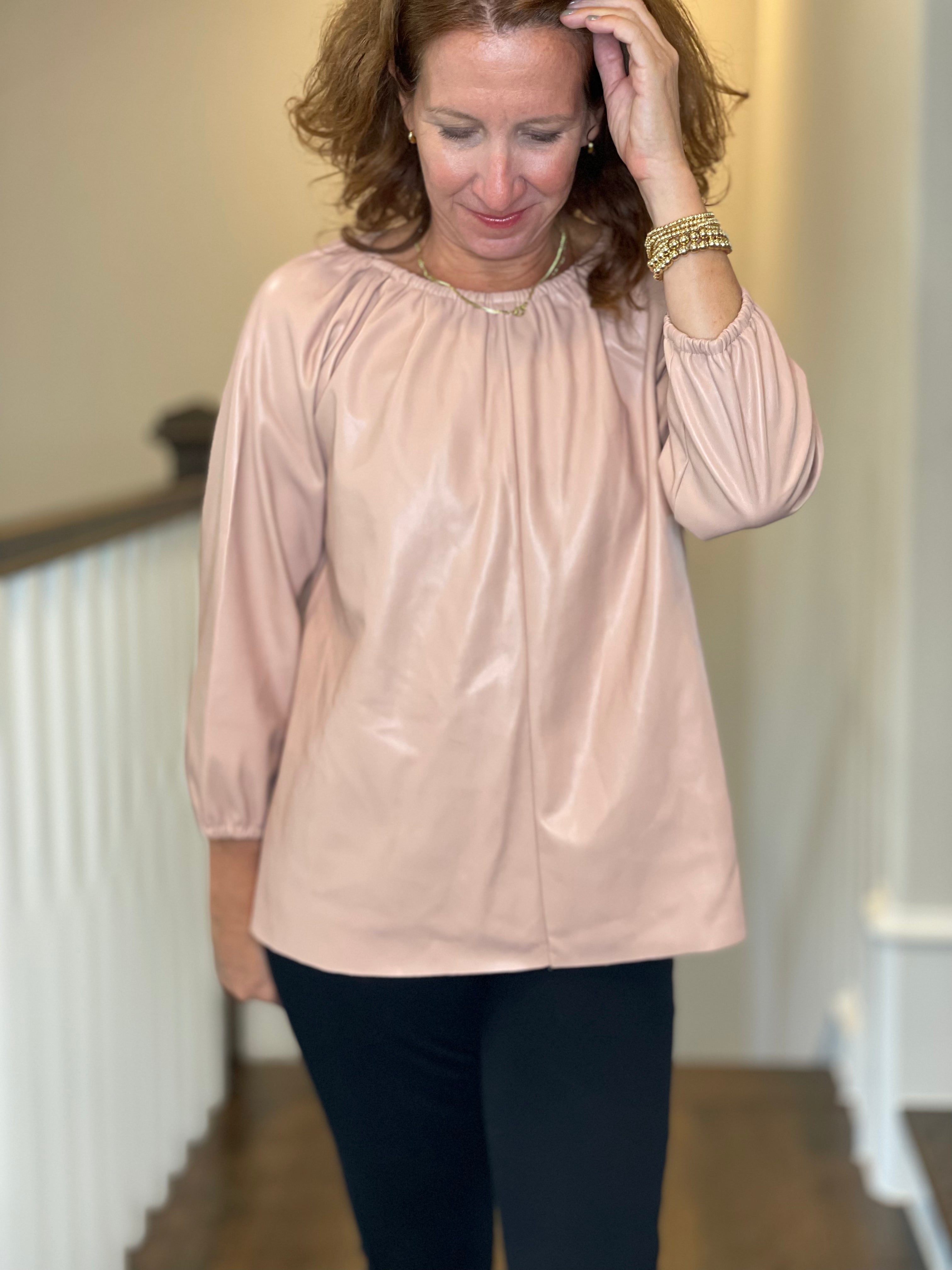 Vegan Leather Peasant Top in Blush.