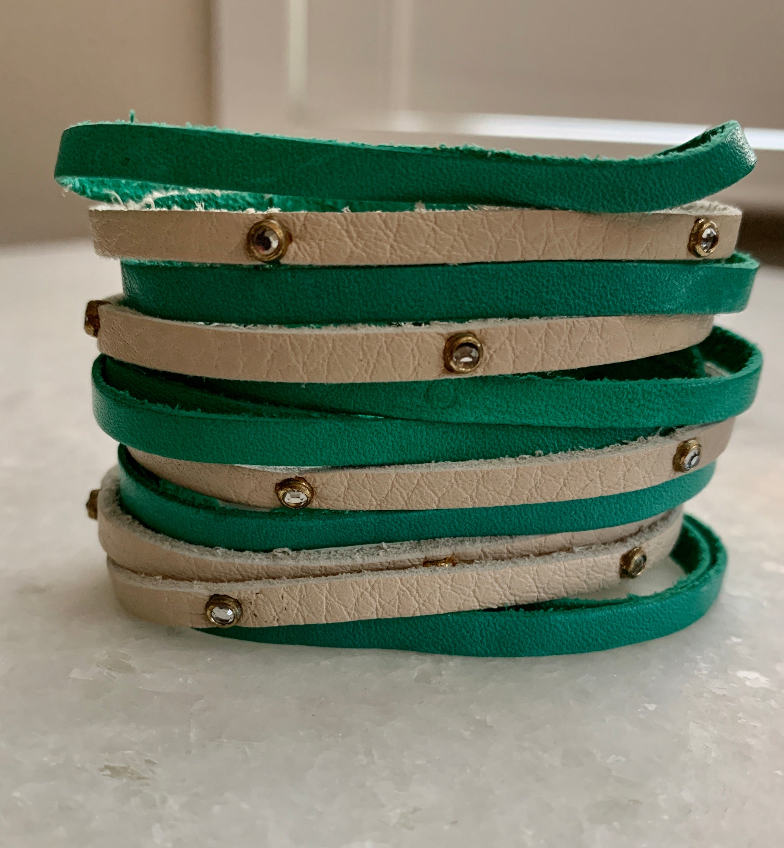 Off White & Persian Green Leather Bracelet.