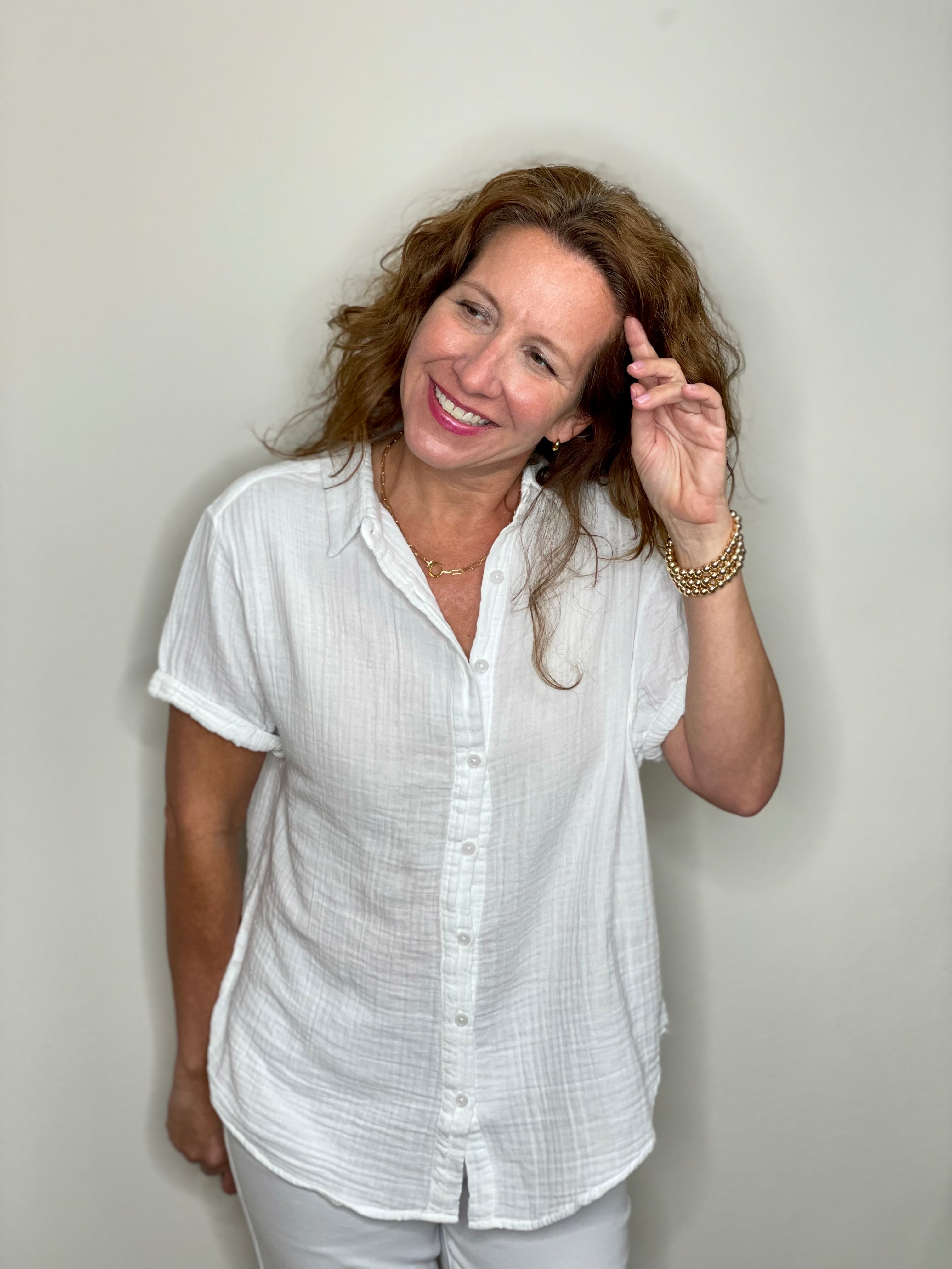 Dylan Gauze Short Sleeve Button Up in White.