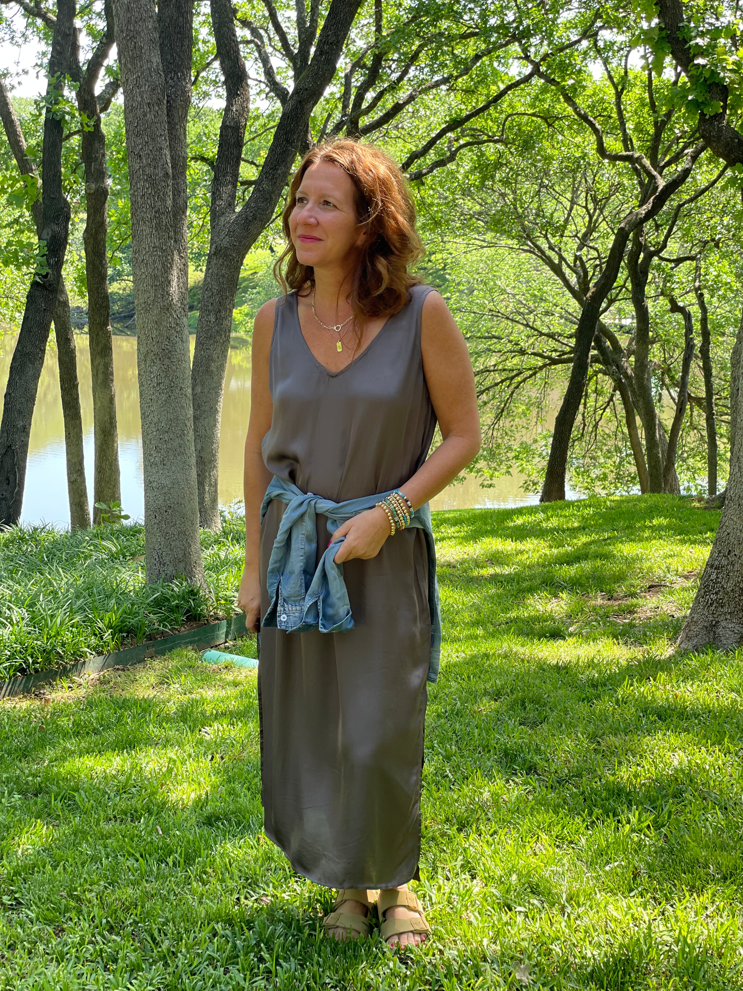 Hello Nite Double V Dress in Volcanic Glass.