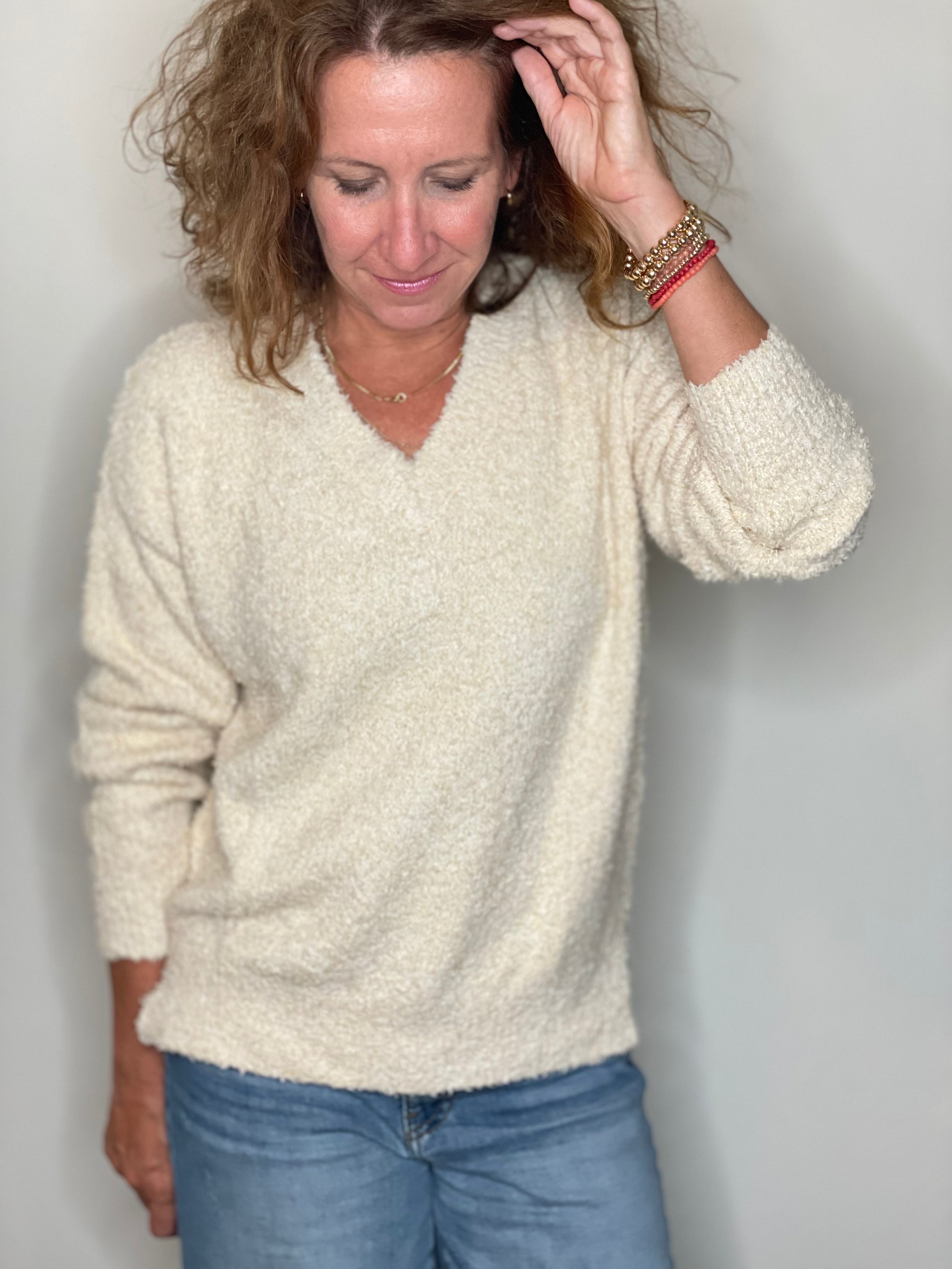 Hello Nite Plush V Neck Pullover in Angel Hair.