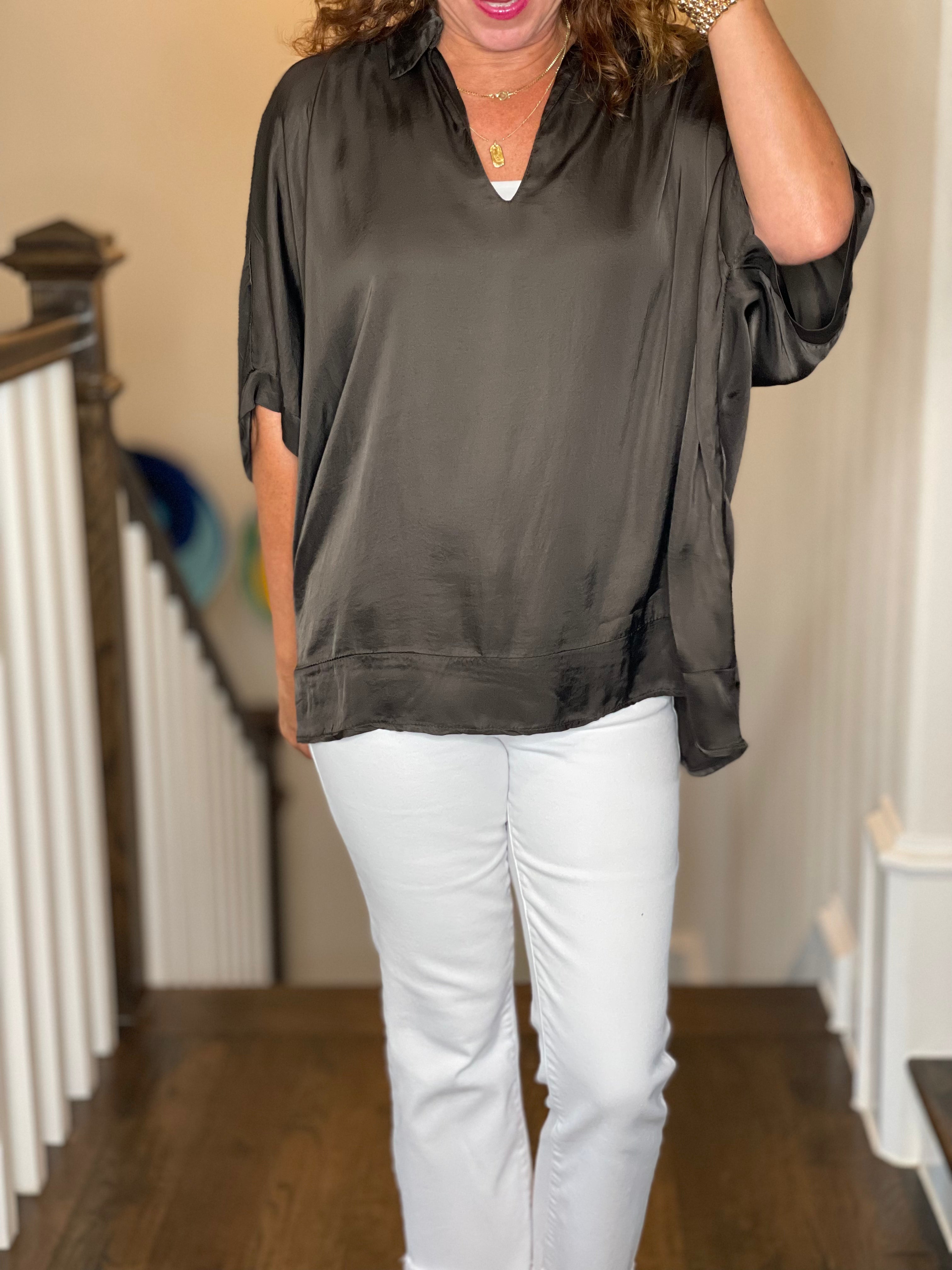 Sofia Brand Maria Silk Top in Chocolate.