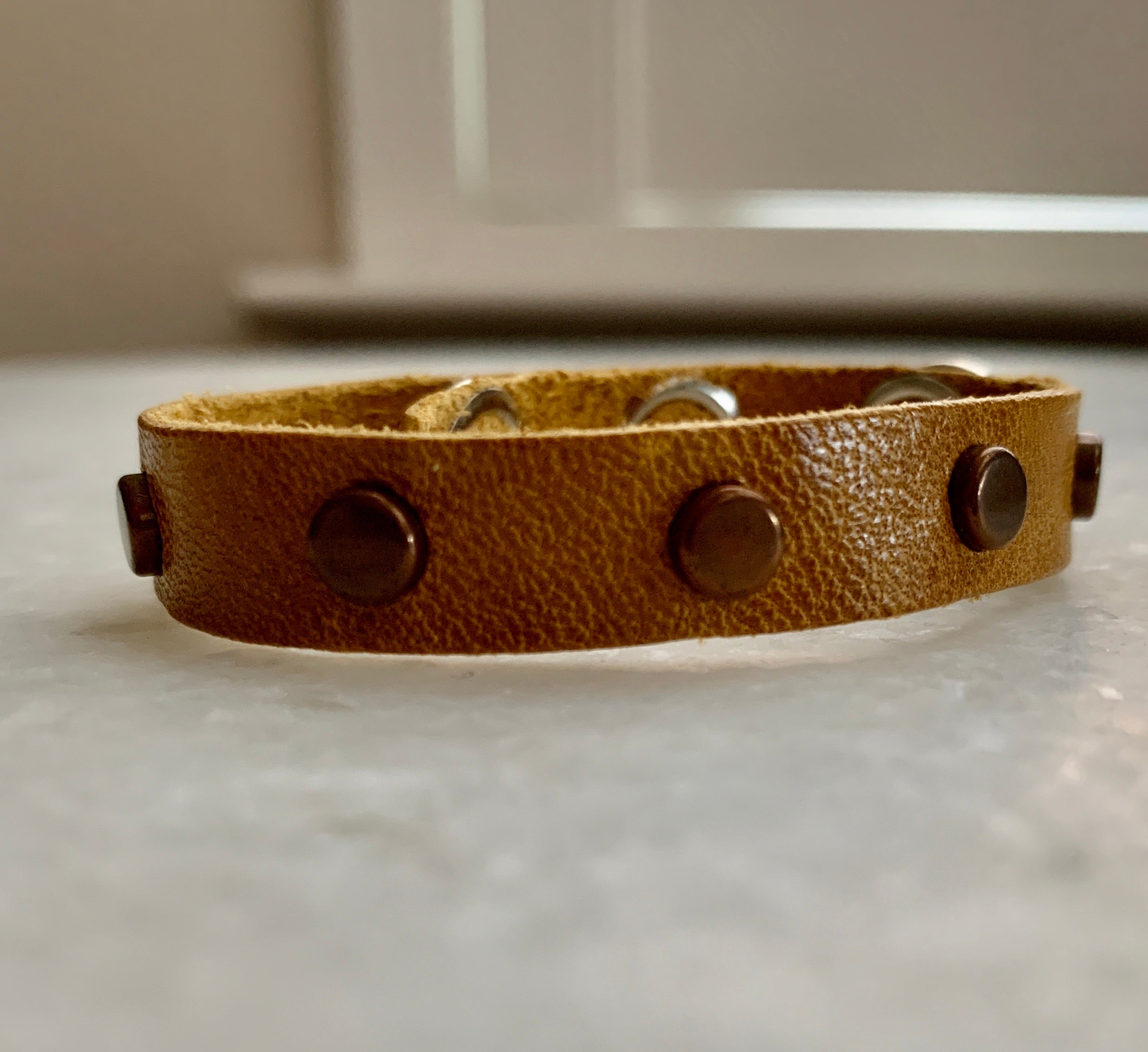 Golden Yellow Leather Bracelet w/Copper Studs.