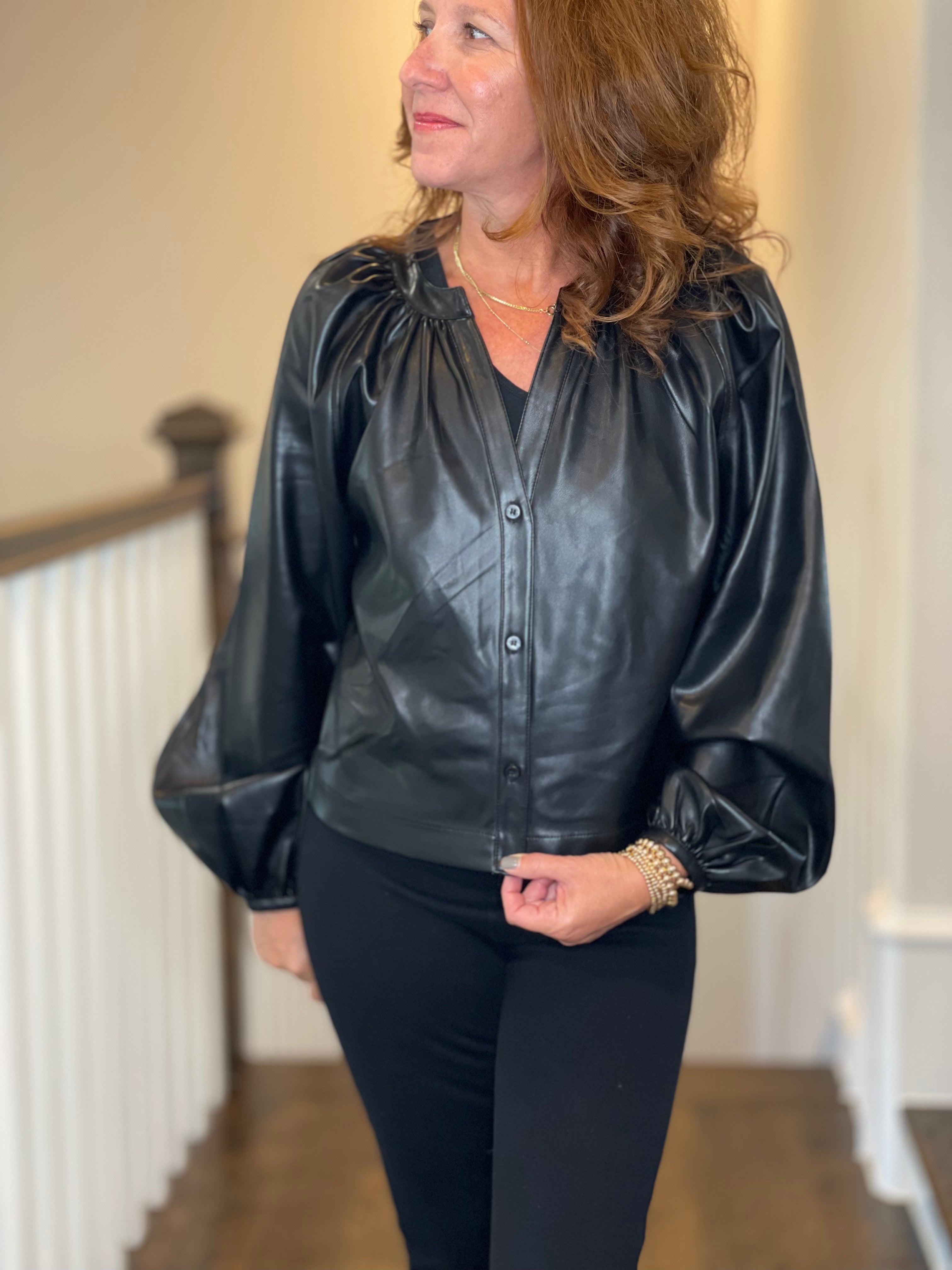 Vegan Leather Button Down Peasant Top in Black.