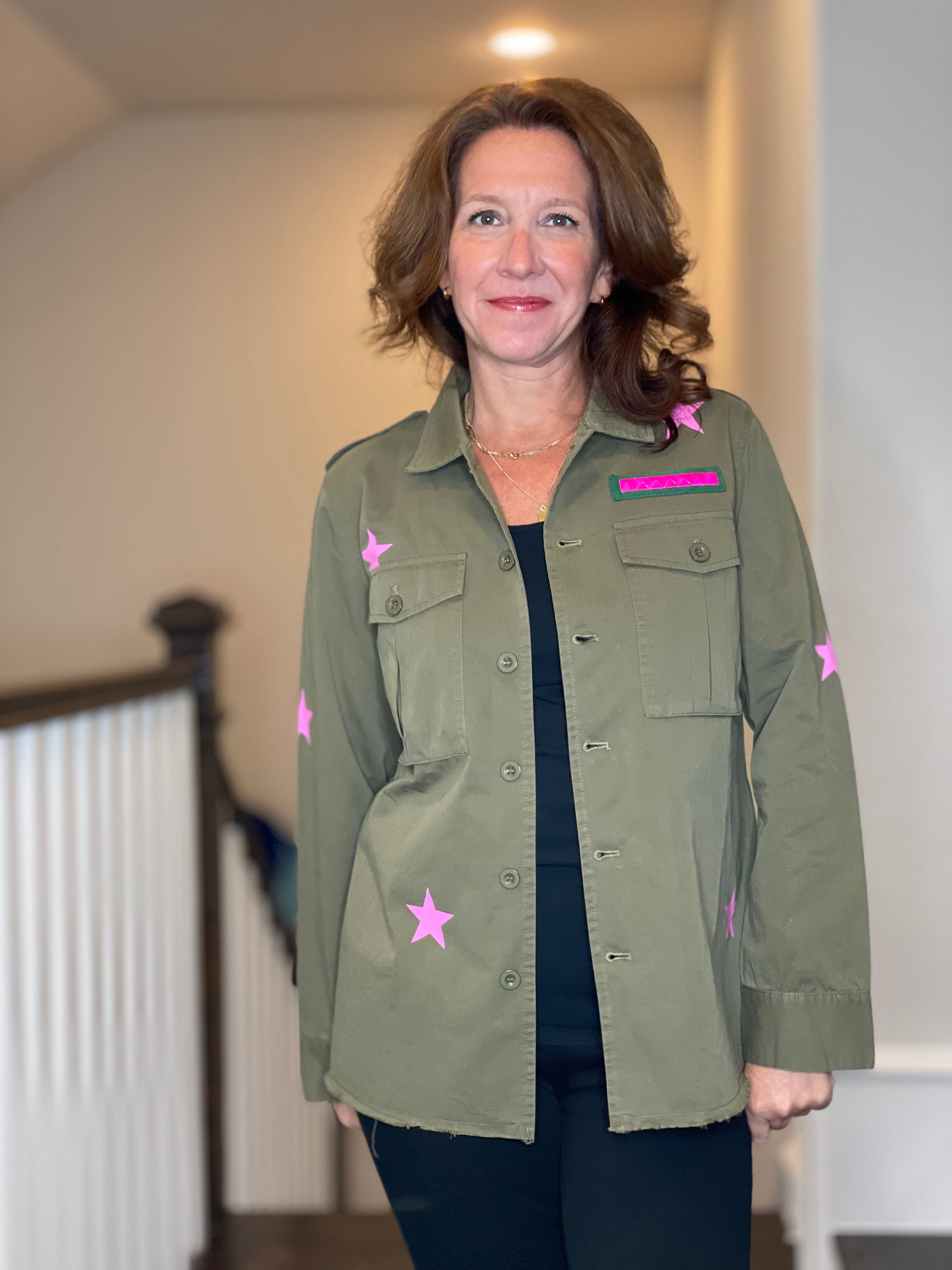 Army Shacket w/Rhinestone Peace Sign.