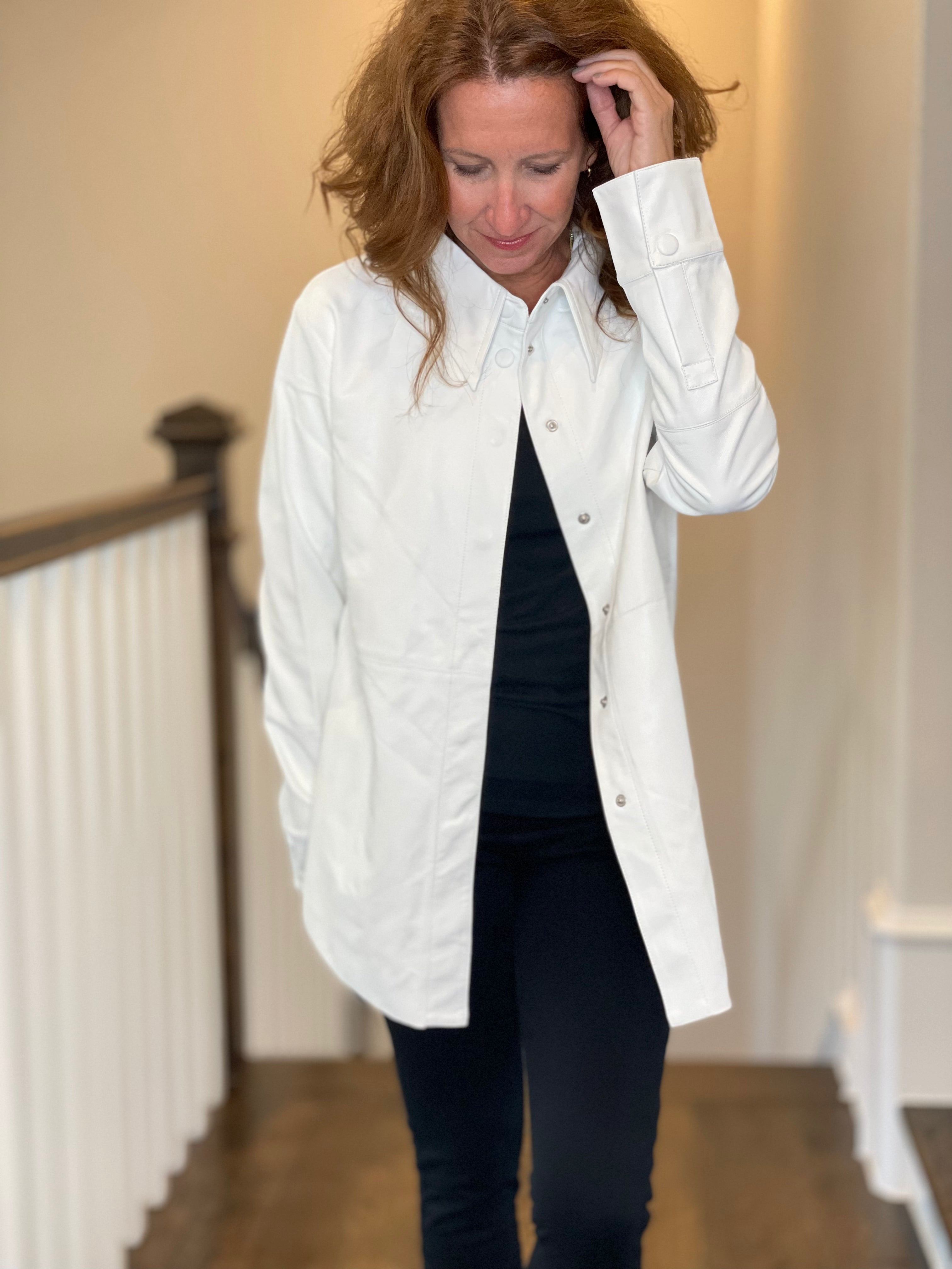 Vegan Leather Button Down Shirt in White.