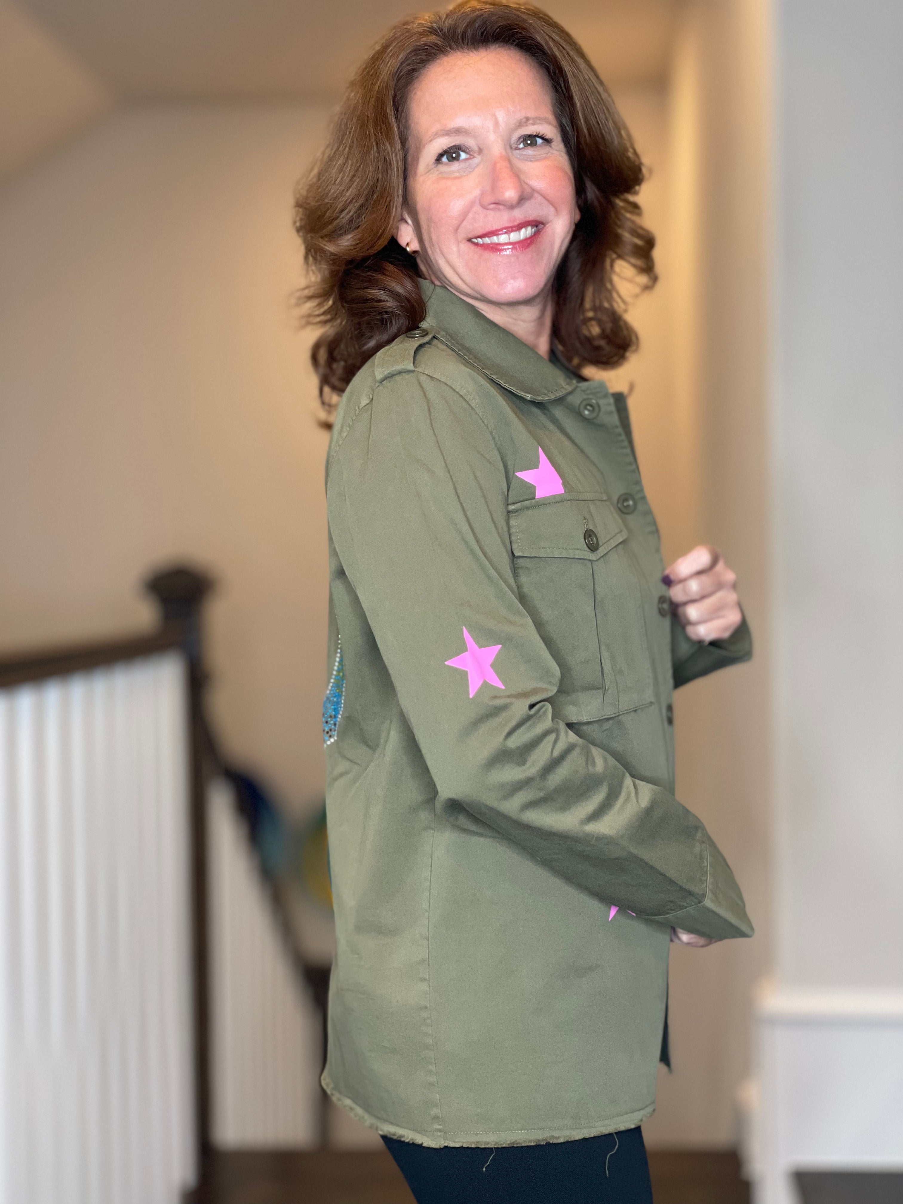 Army Shacket w/Rhinestone Peace Sign.