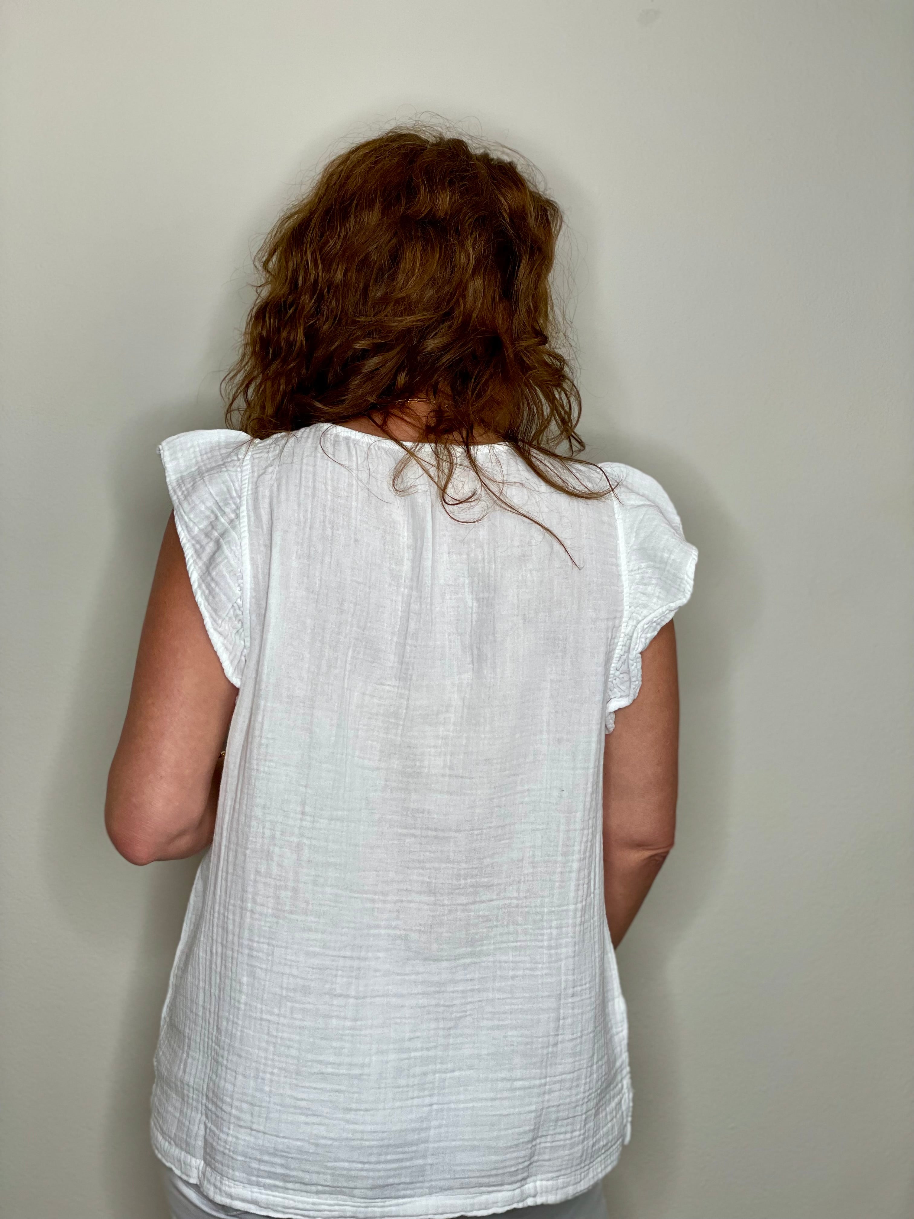 Dylan Gauze Ruffle V-Neck in White.