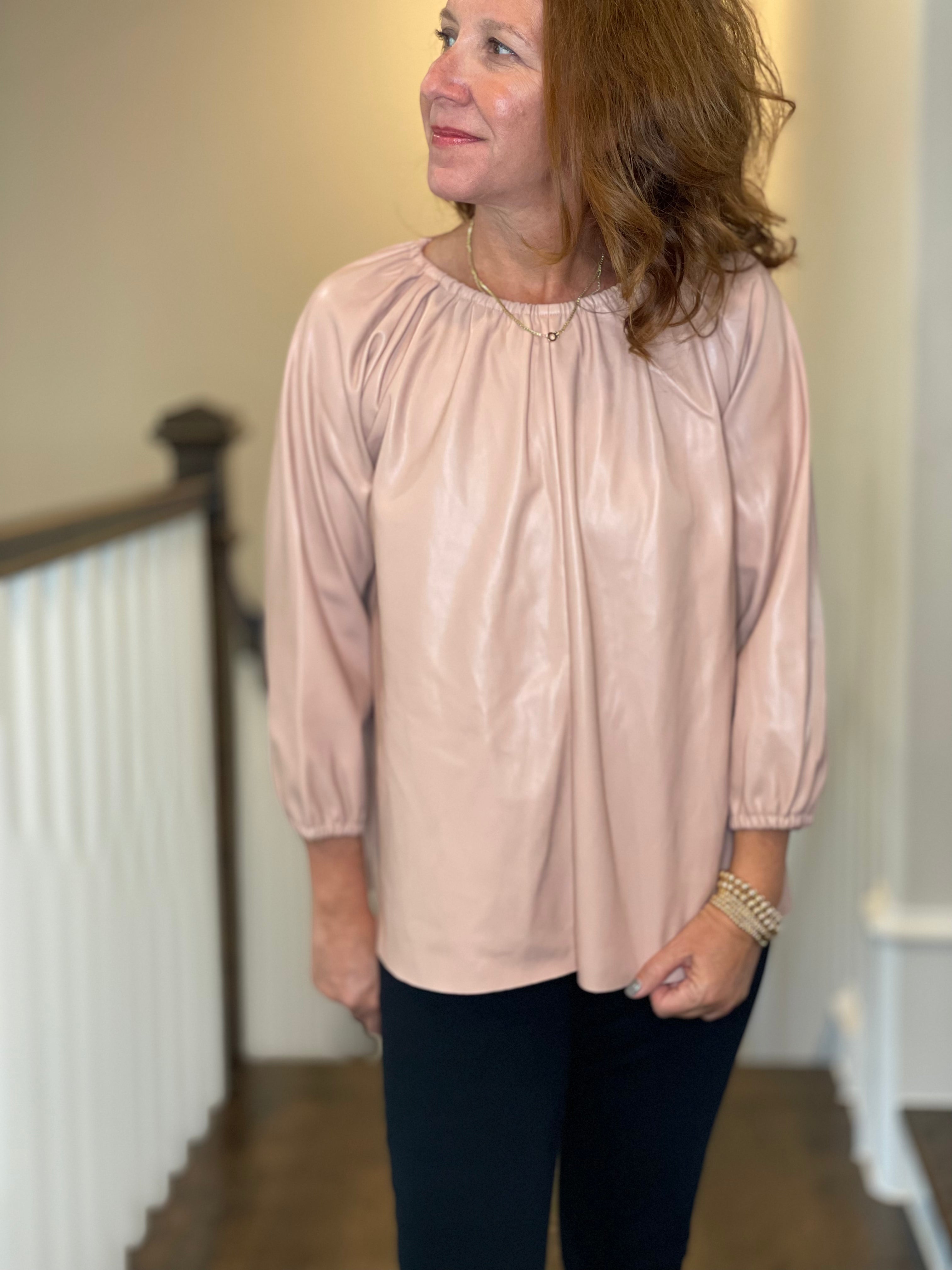 Vegan Leather Peasant Top in Blush.