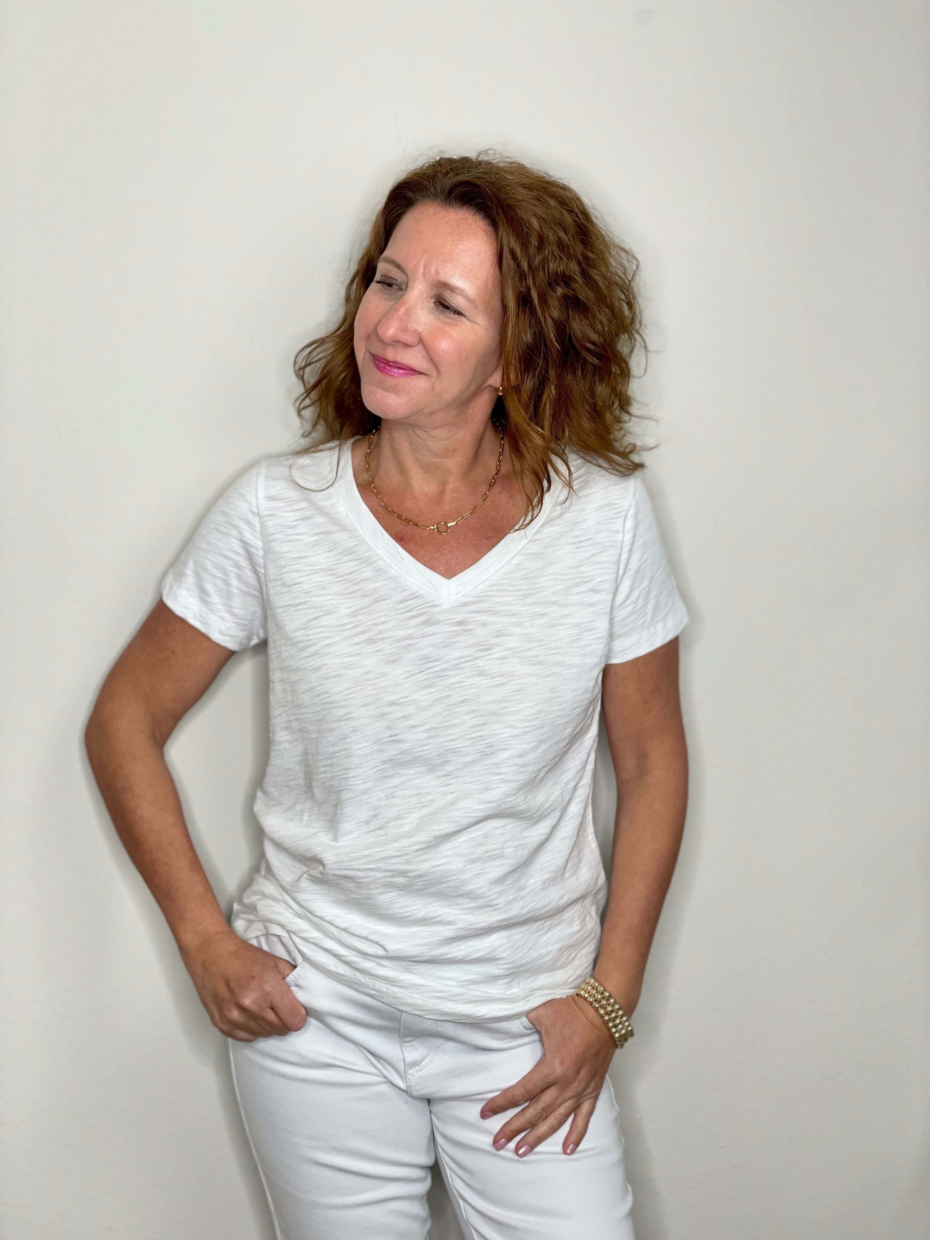 Erin Gray Low-key V Neck Tee in White.