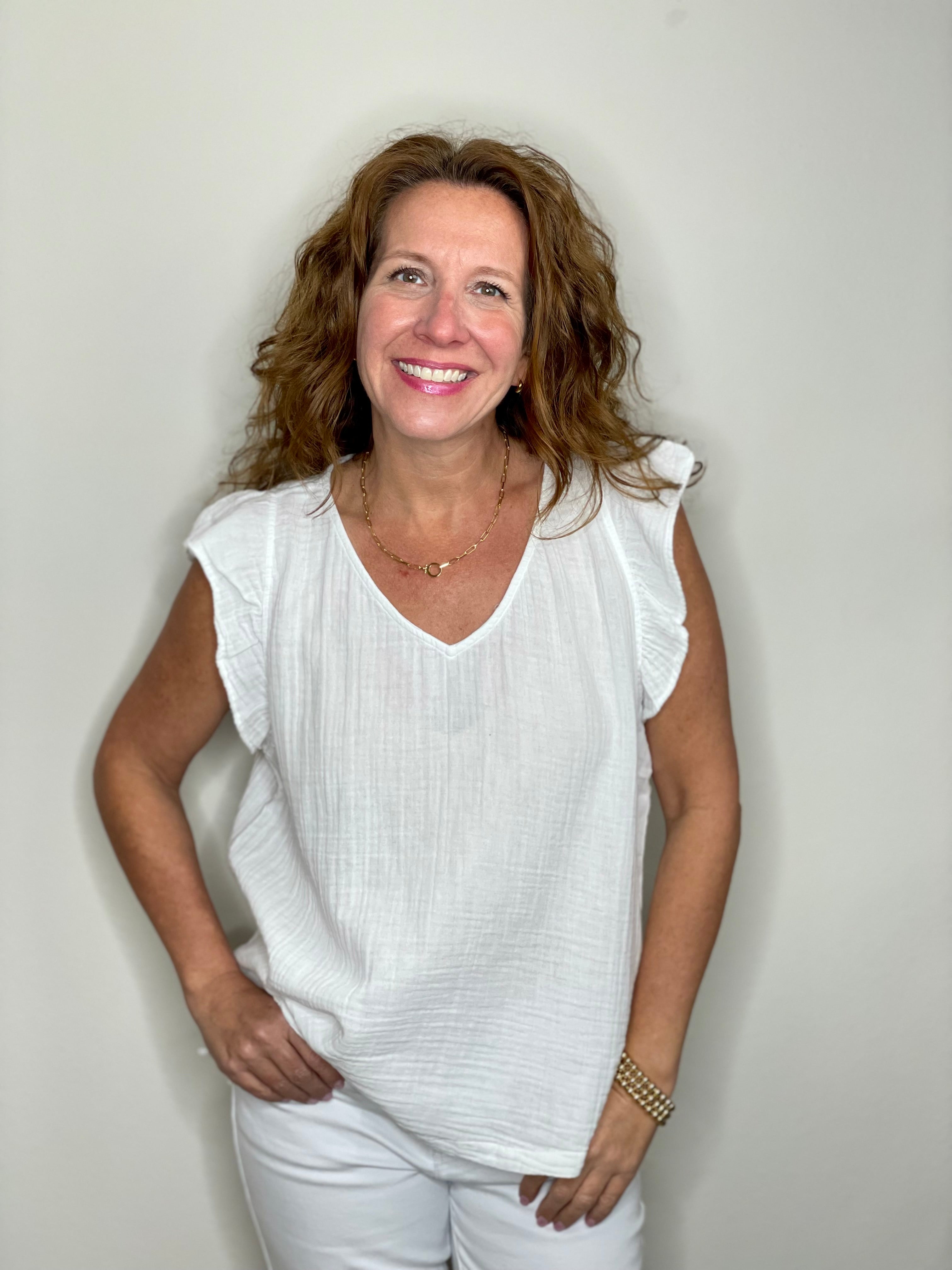 Dylan Gauze Ruffle V-Neck in White.