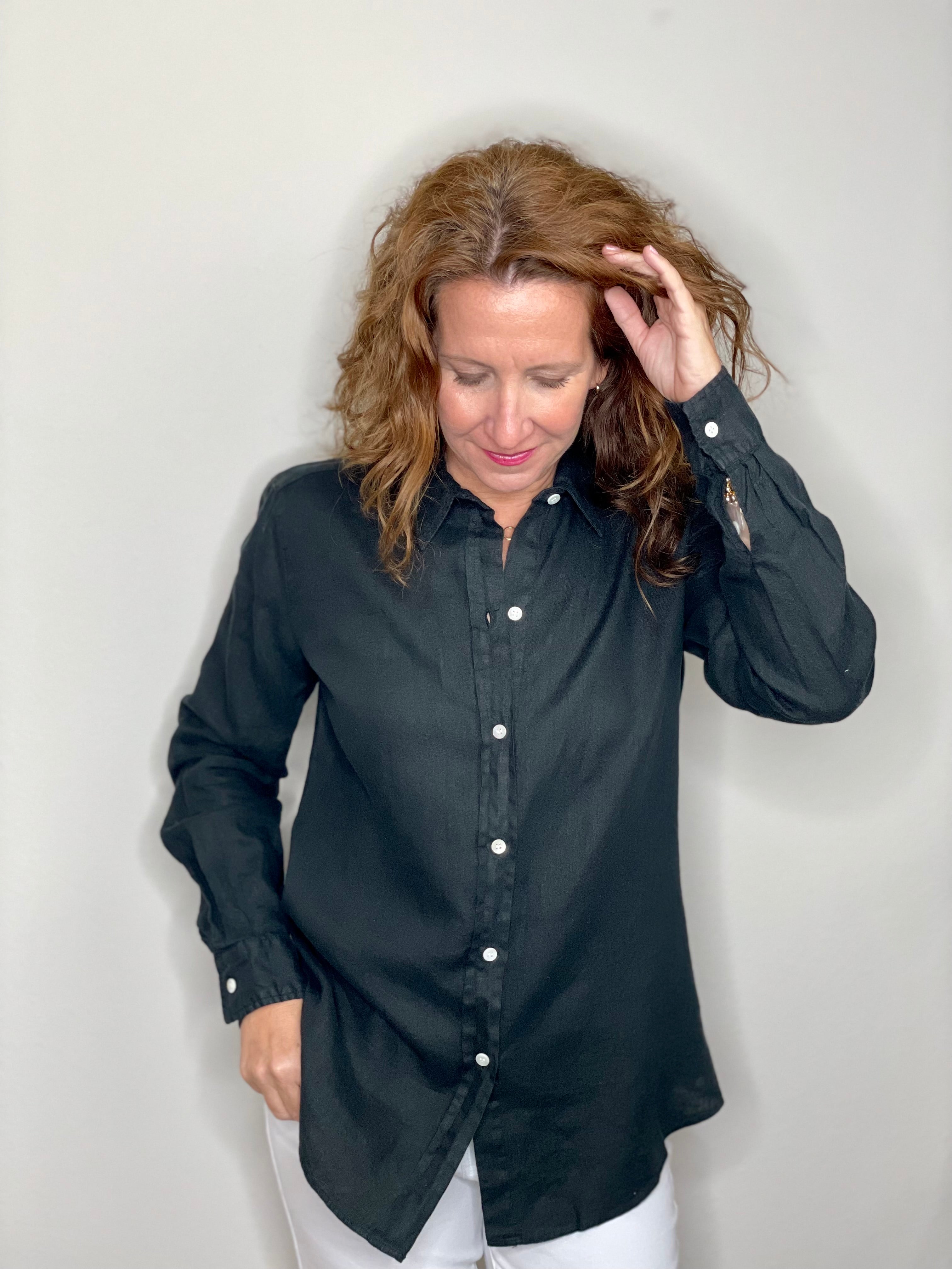 Pure Amici Button Down Linen Shirt in Black.