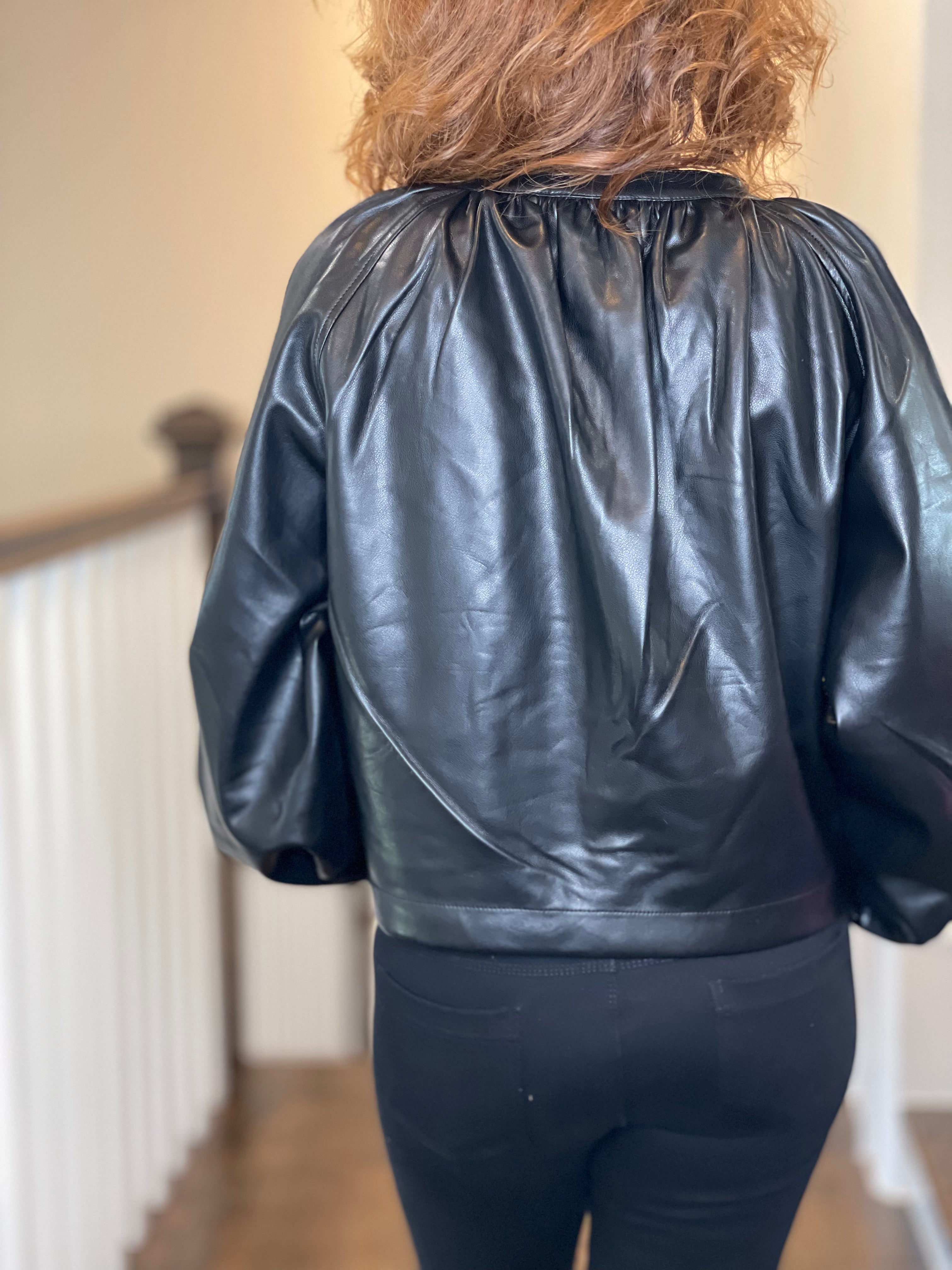 Vegan Leather Button Down Peasant Top in Black.