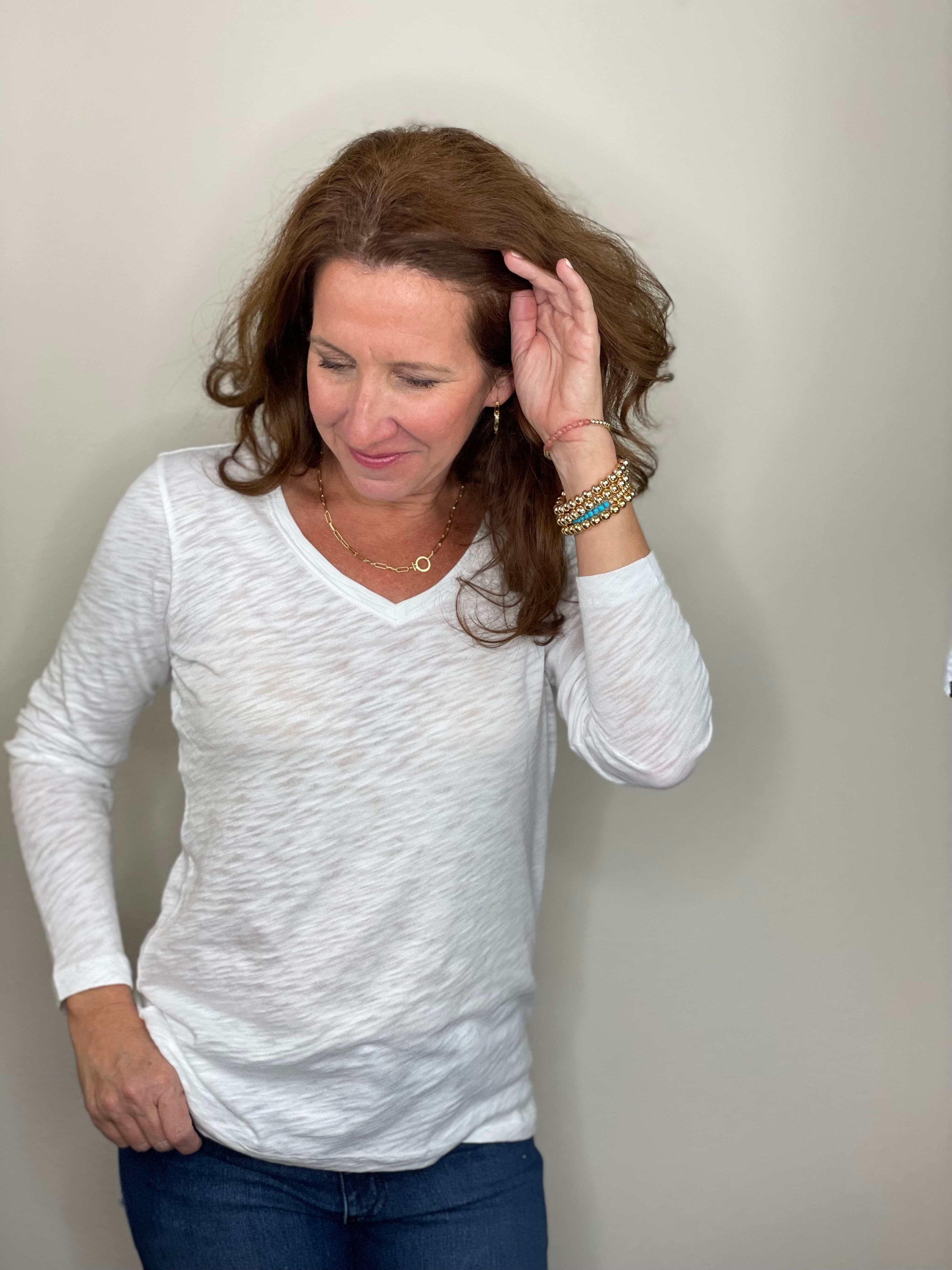 Erin Gray V Neck Long Sleeve CYA V Neck in White Slub Tee.