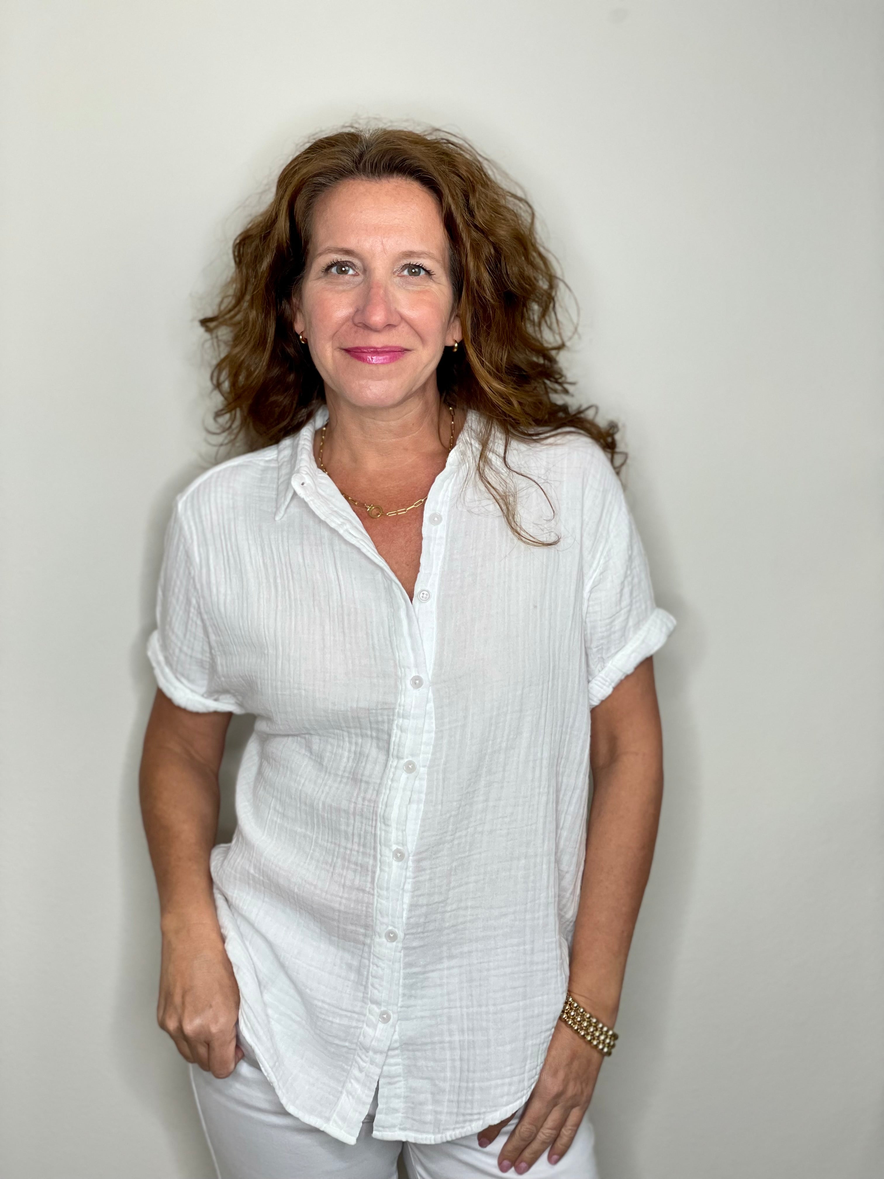 Dylan Gauze Short Sleeve Button Up in White.