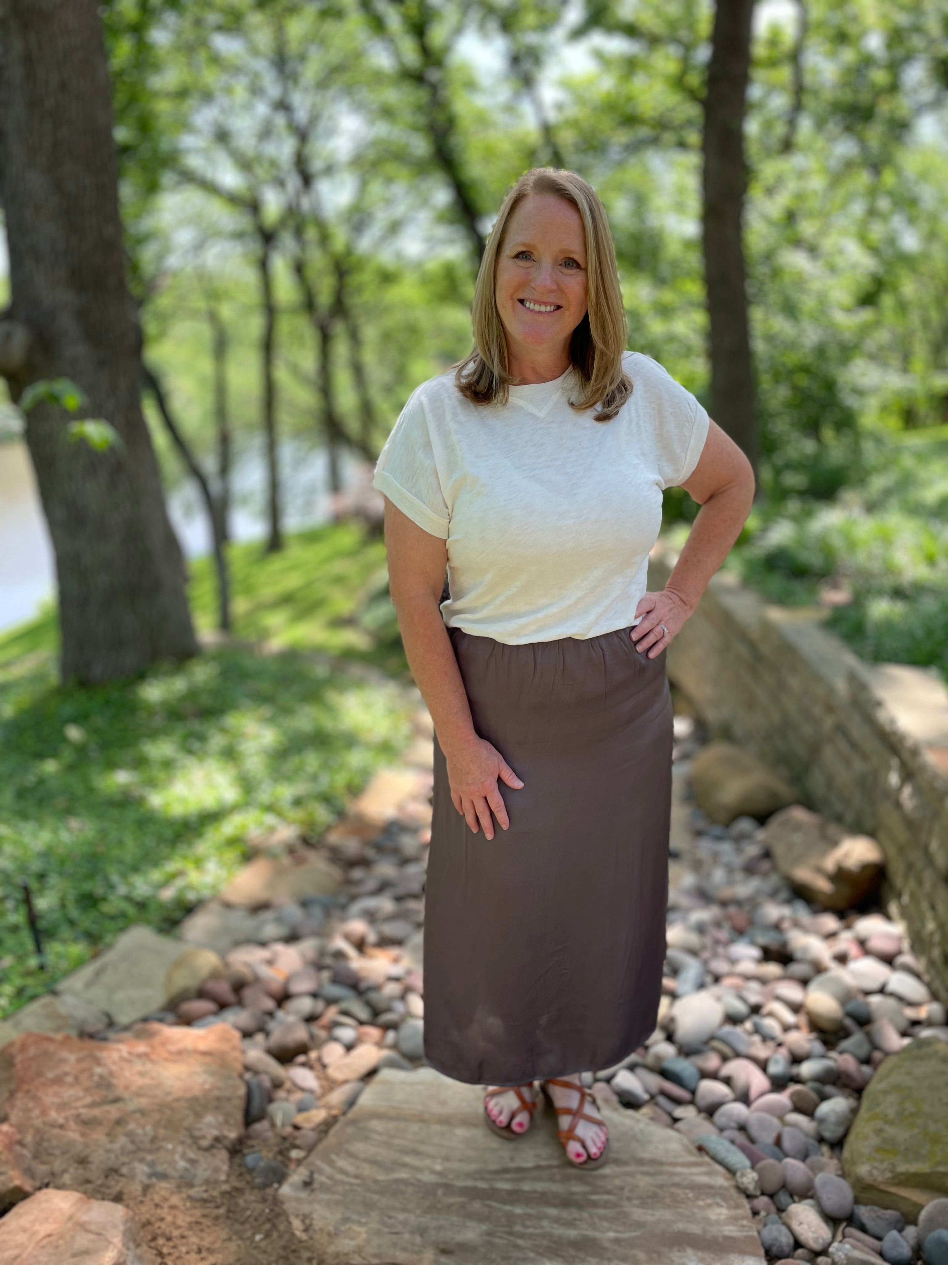 Hello Nite Midi Skirt in Volcanic Glass.