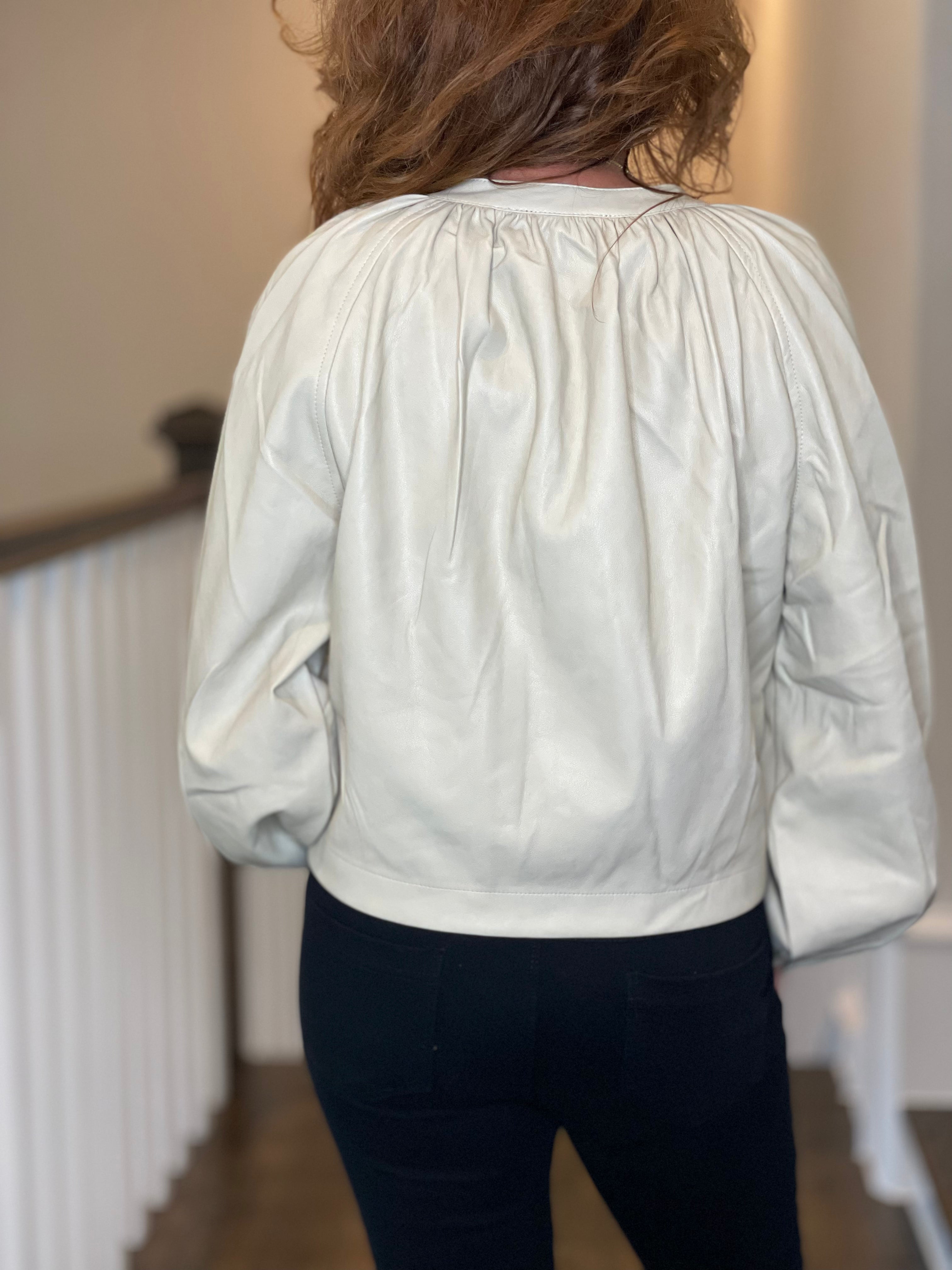 Vegan Leather Button Down Peasant Top in Bone.