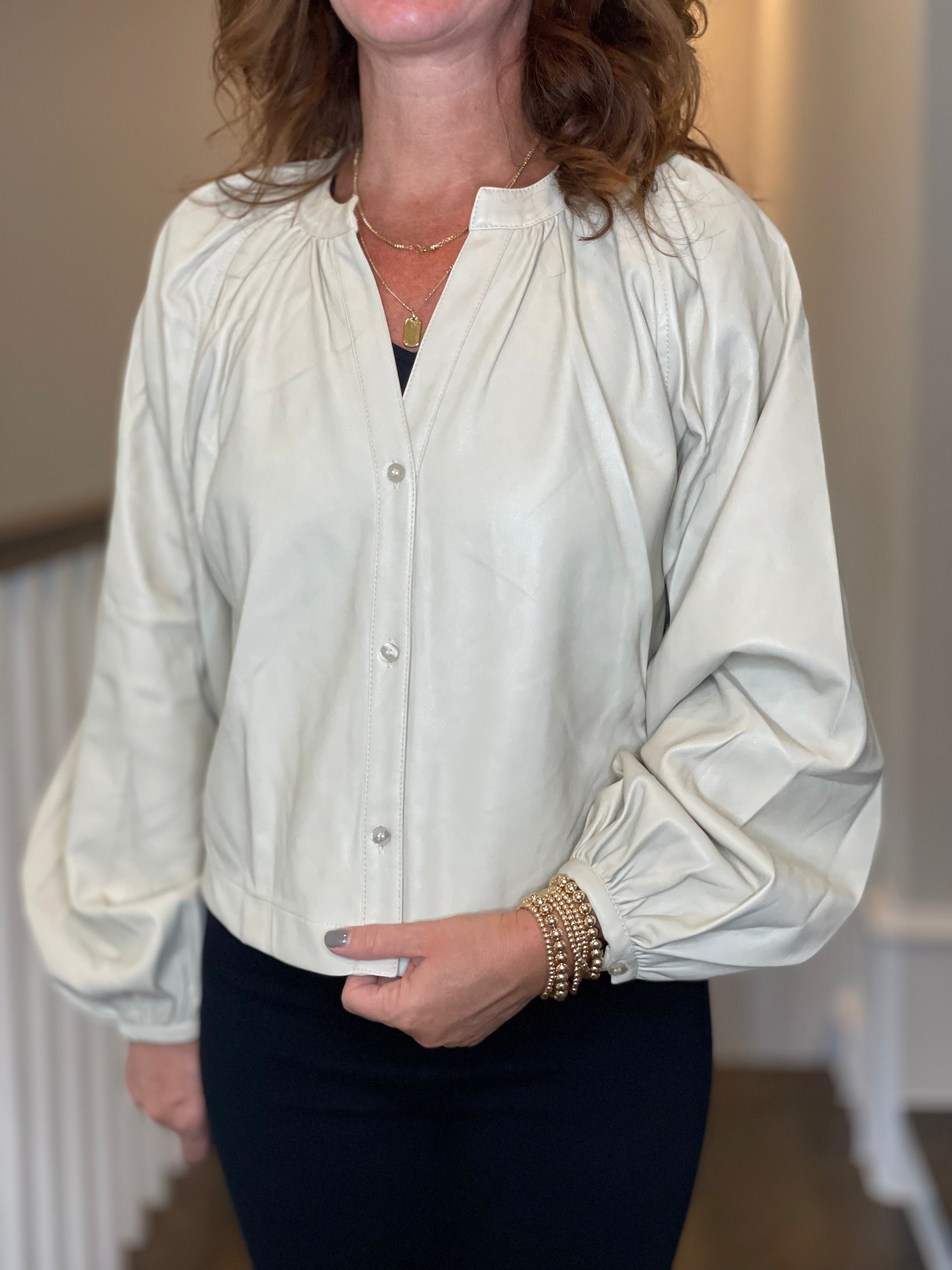 Vegan Leather Button Down Peasant Top in Bone.