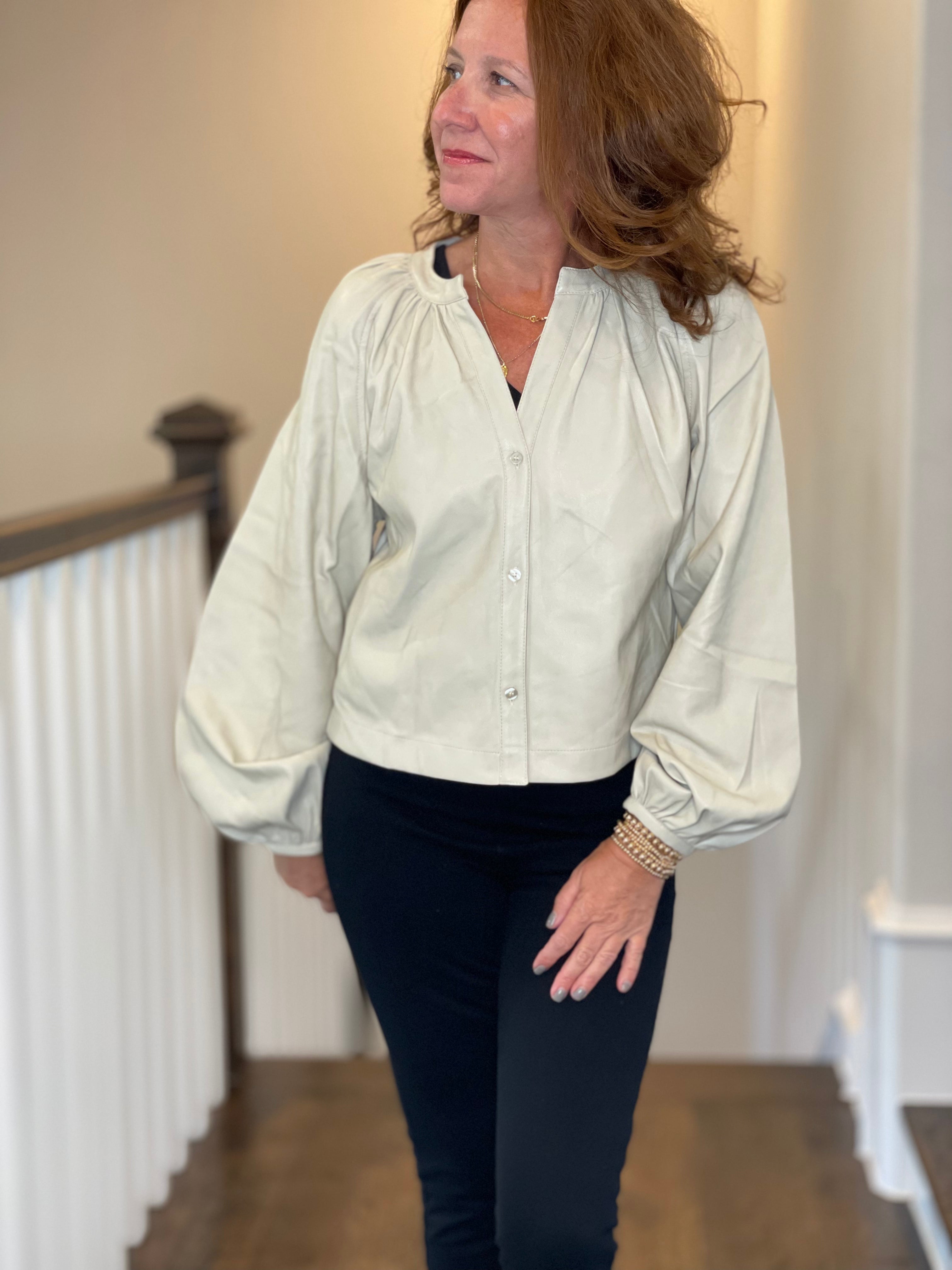 Vegan Leather Button Down Peasant Top in Bone.