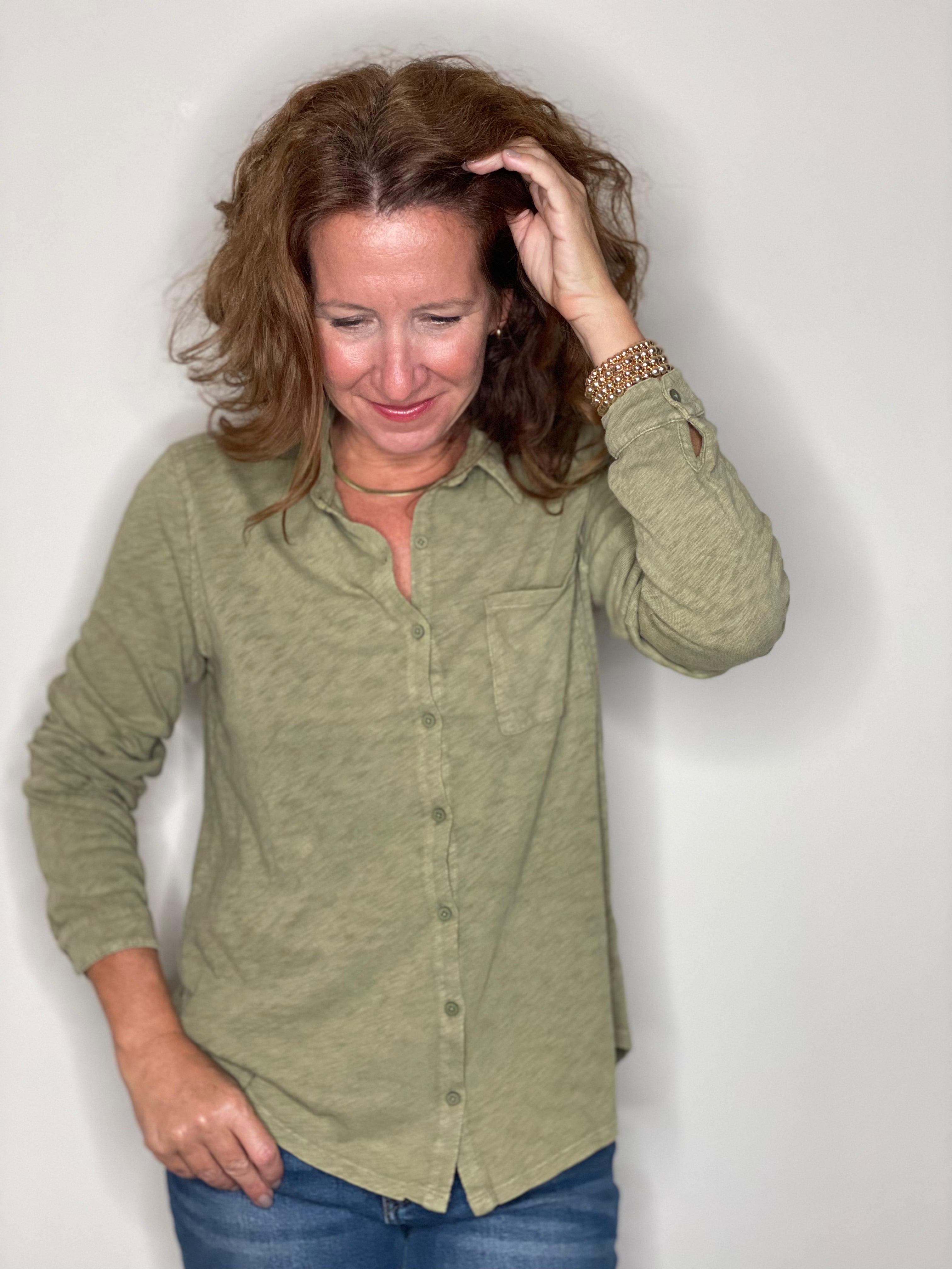 Hello Nite Perfectly Soft Button Up Shirt in Army Green.