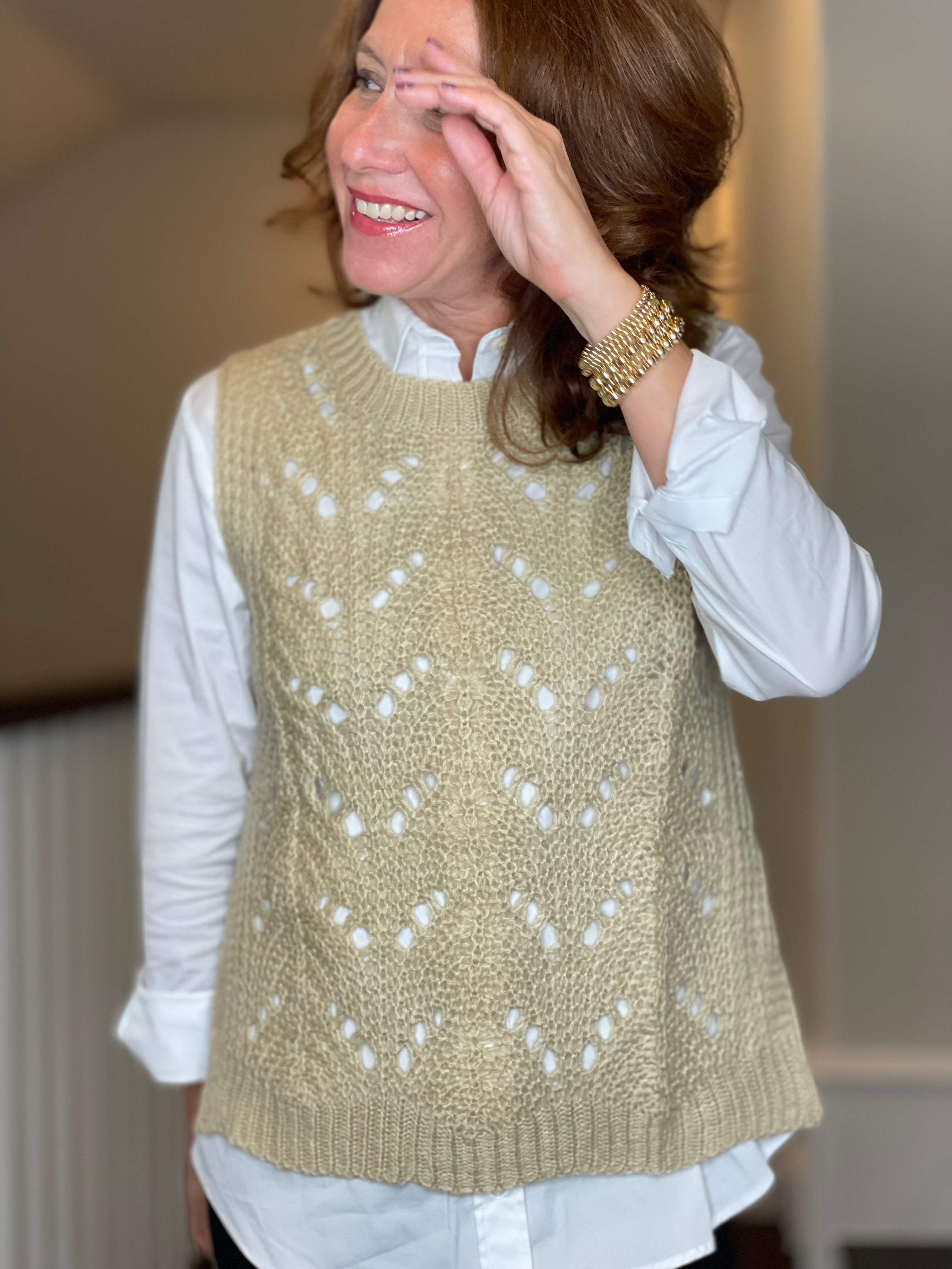 Molly Bracken Pointelle Crew Neck Vest in Beige.