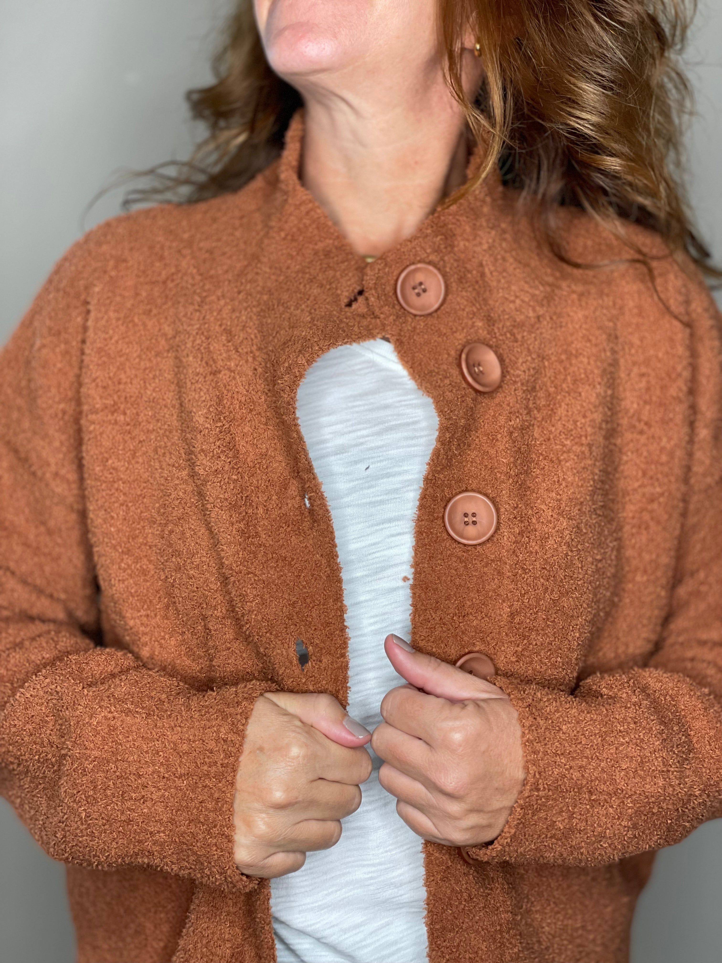 Hello Nite Plush Button Jacket in Terra Cotta.
