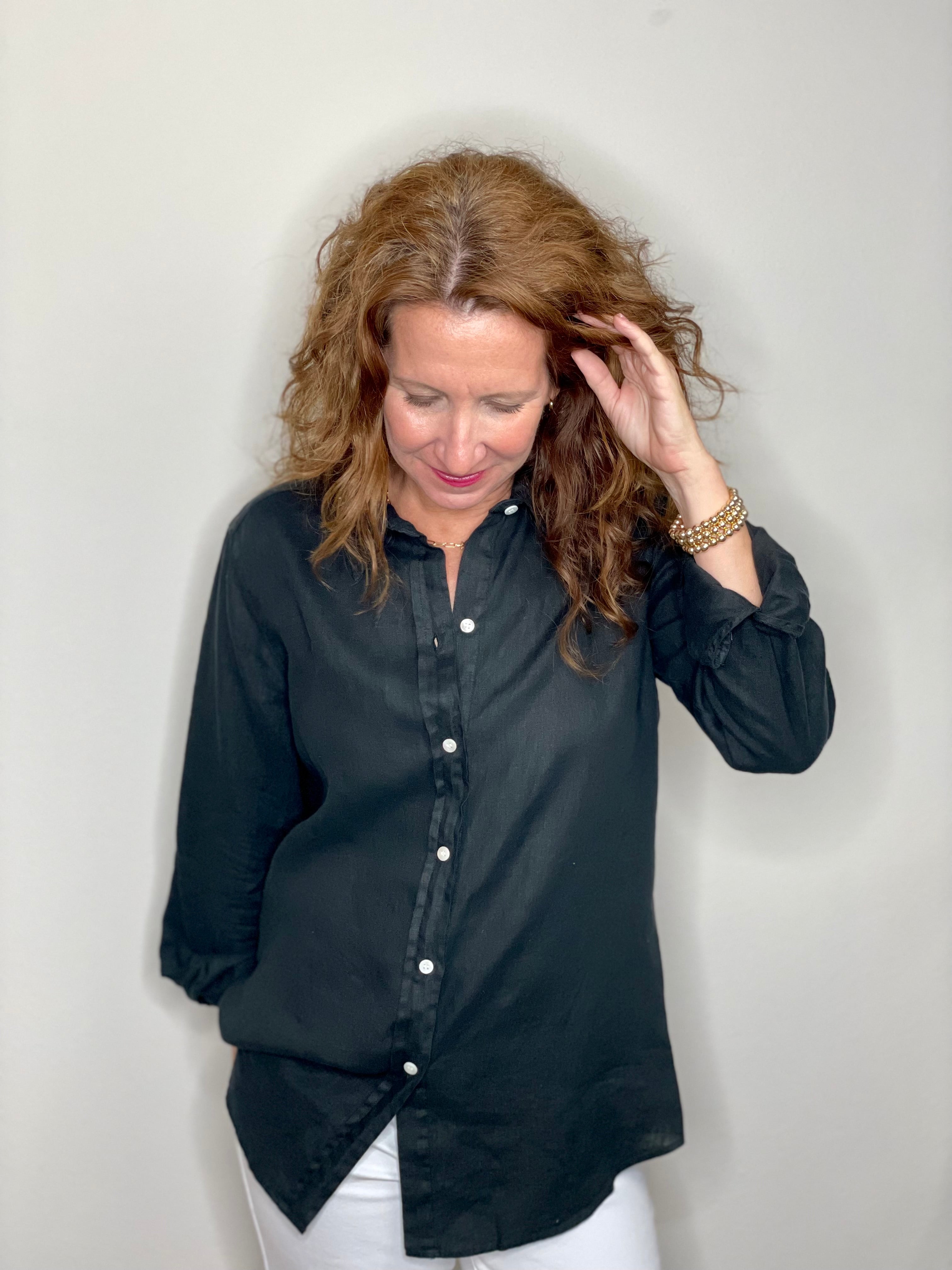 Pure Amici Button Down Linen Shirt in Black.