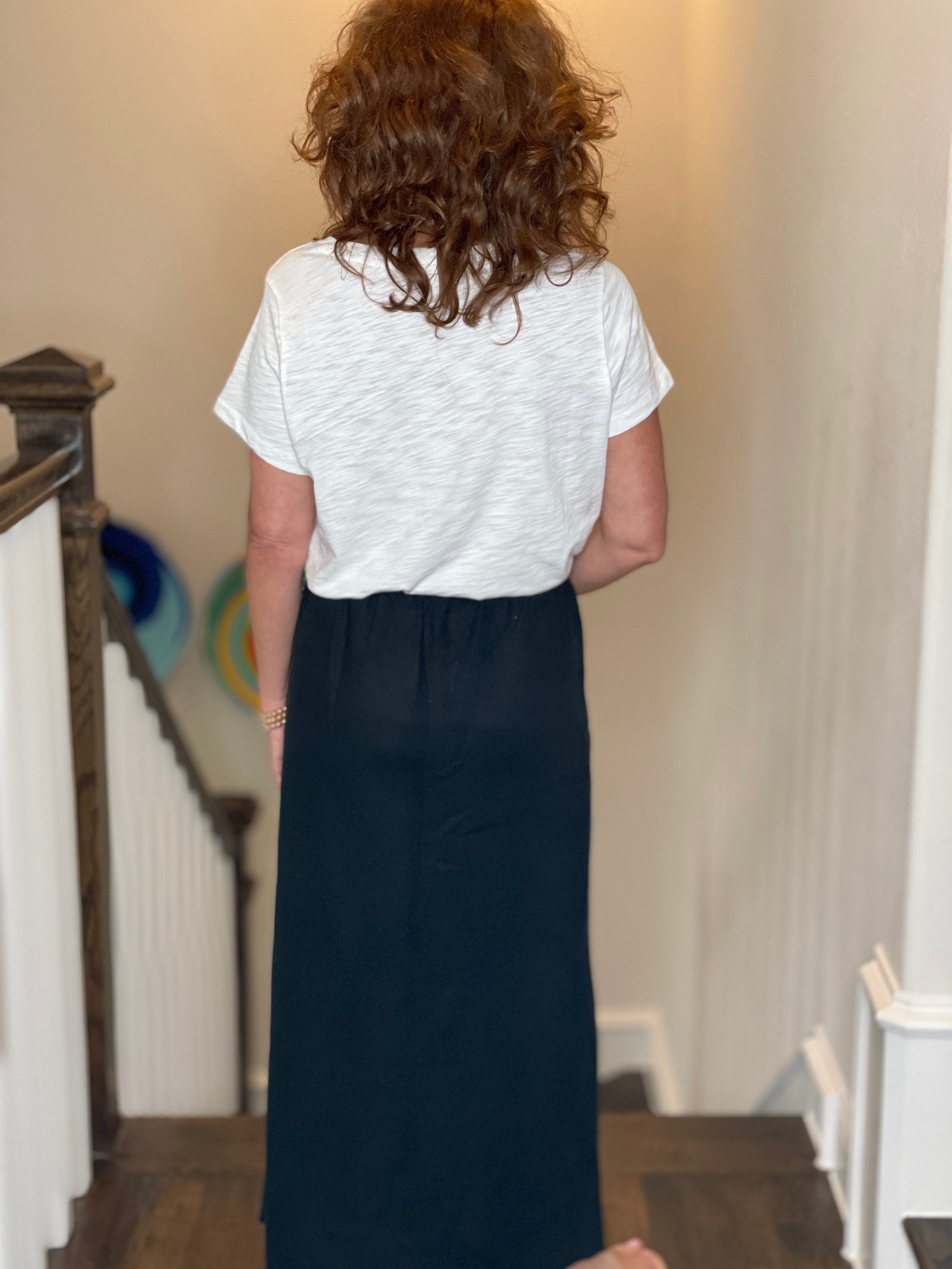Pure Amici Long Linen Skirt in Black.