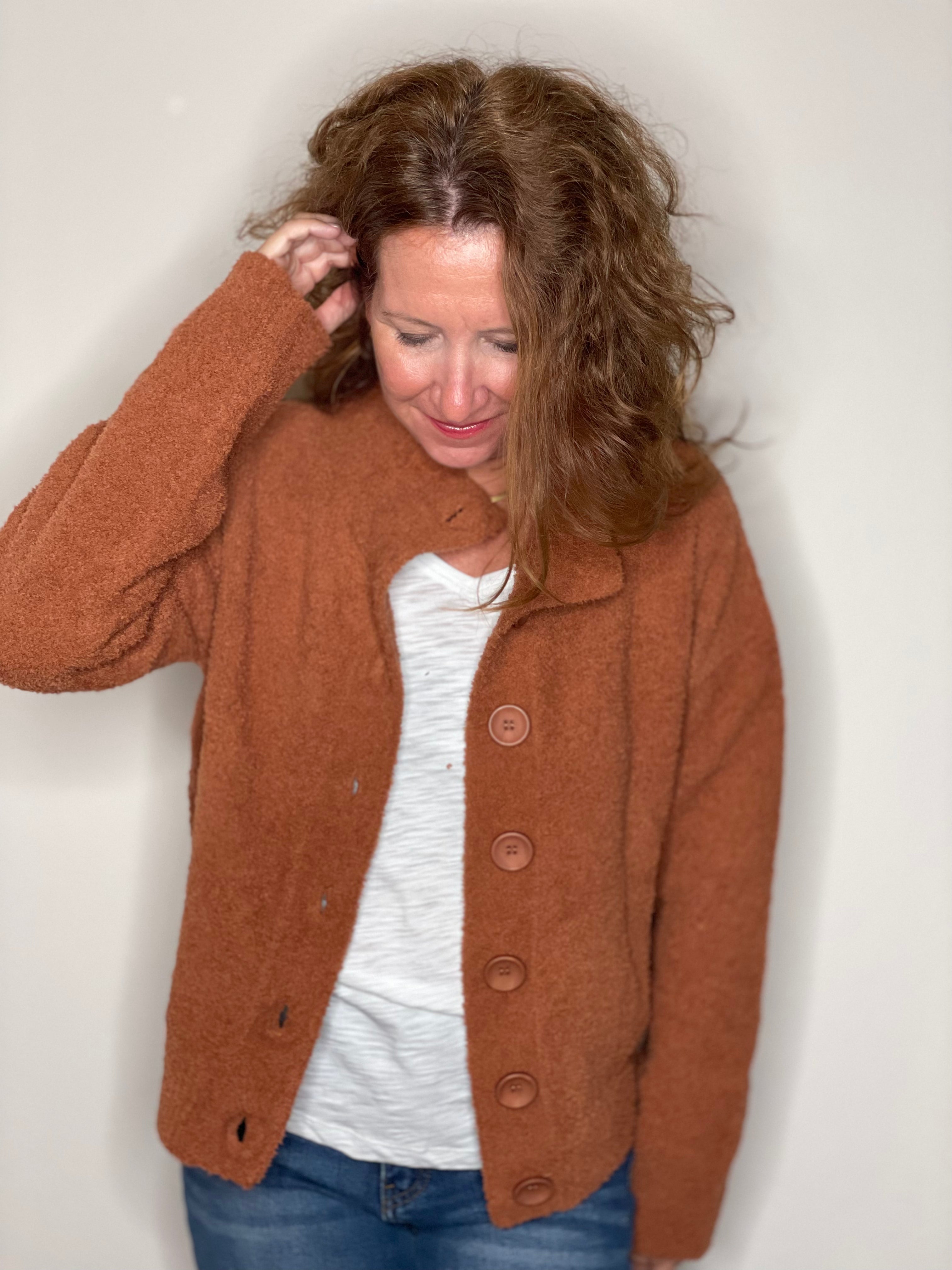 Hello Nite Plush Button Jacket in Terra Cotta.