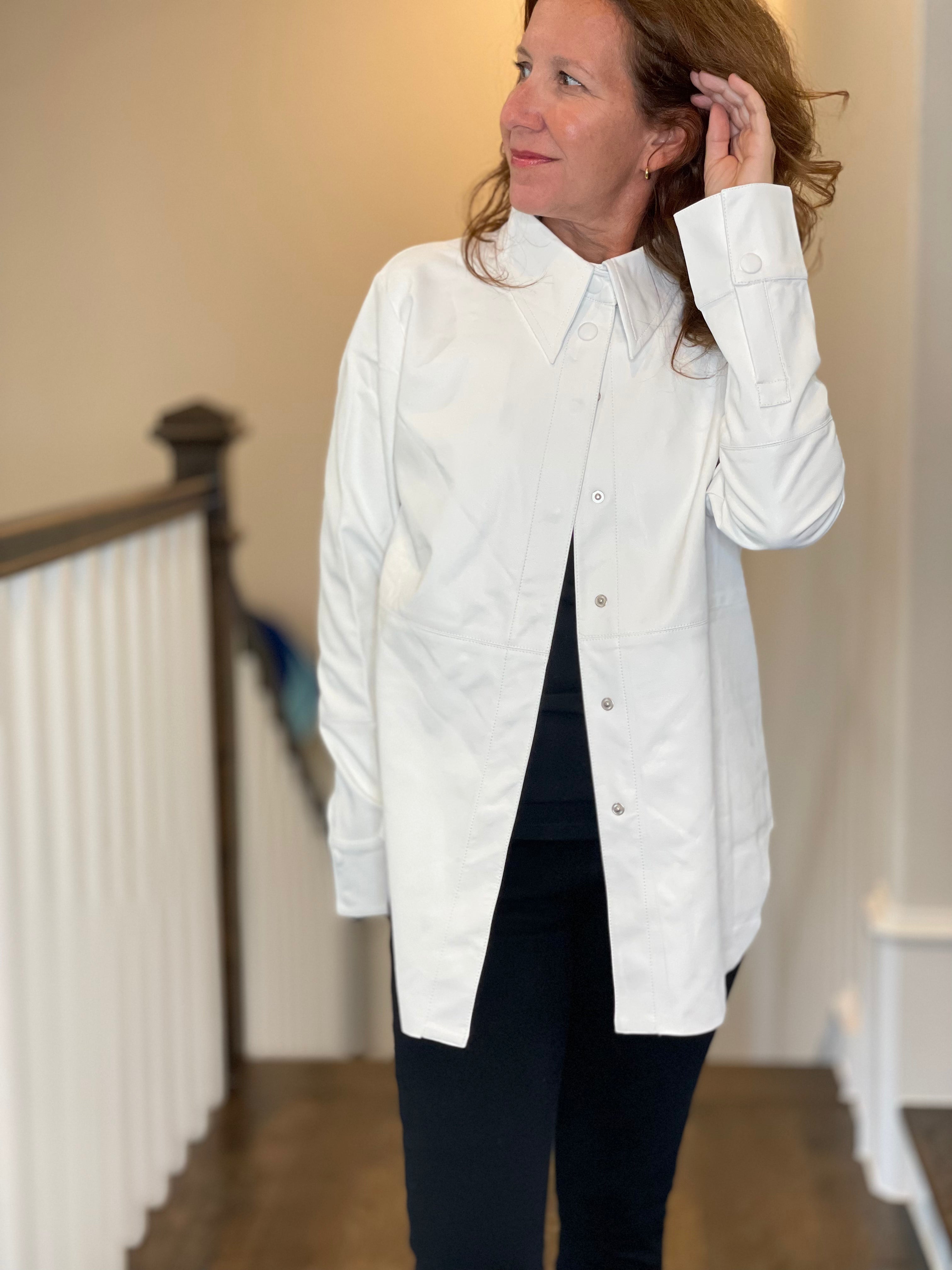 Vegan Leather Button Down Shirt in White.